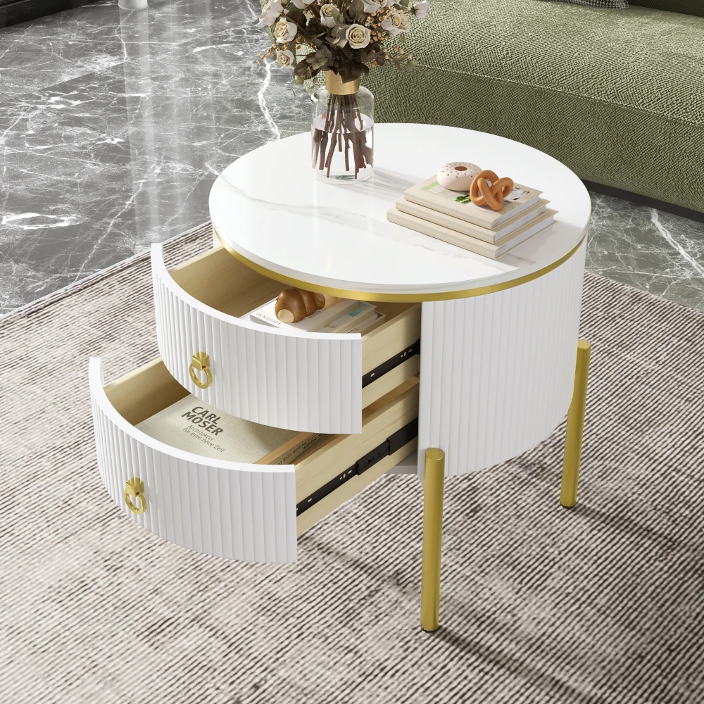 Modern Luxury Side Table Set with Storage Drawers, Marble Texture Surface Golden Metal Legs & Handles Adjustable Elegant