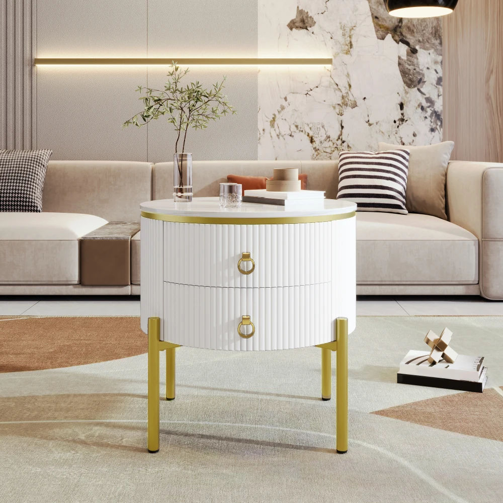 Modern Luxury Side Table Set with Storage Drawers, Marble Texture Surface Golden Metal Legs & Handles Adjustable Elegant