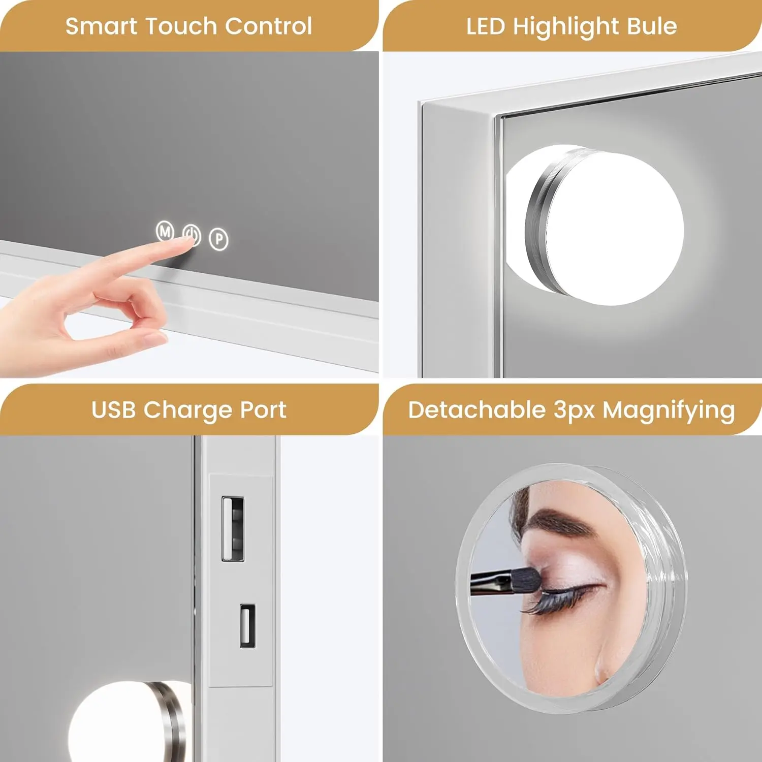 Vanity Mirror with Lights 15 Led Bulbs Lighted Dimmable 3 Color Modes Touch Control Makeup Mirror 3X Magnification for Bedroom