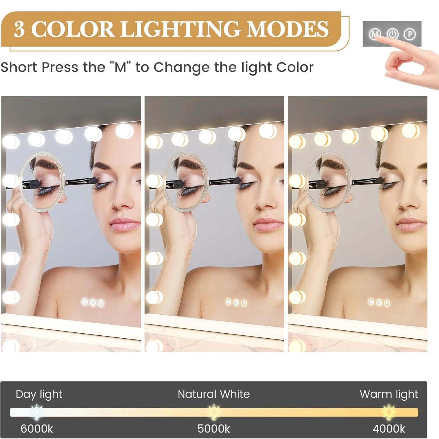 Vanity Mirror with Lights 15 Led Bulbs Lighted Dimmable 3 Color Modes Touch Control Makeup Mirror 3X Magnification for Bedroom