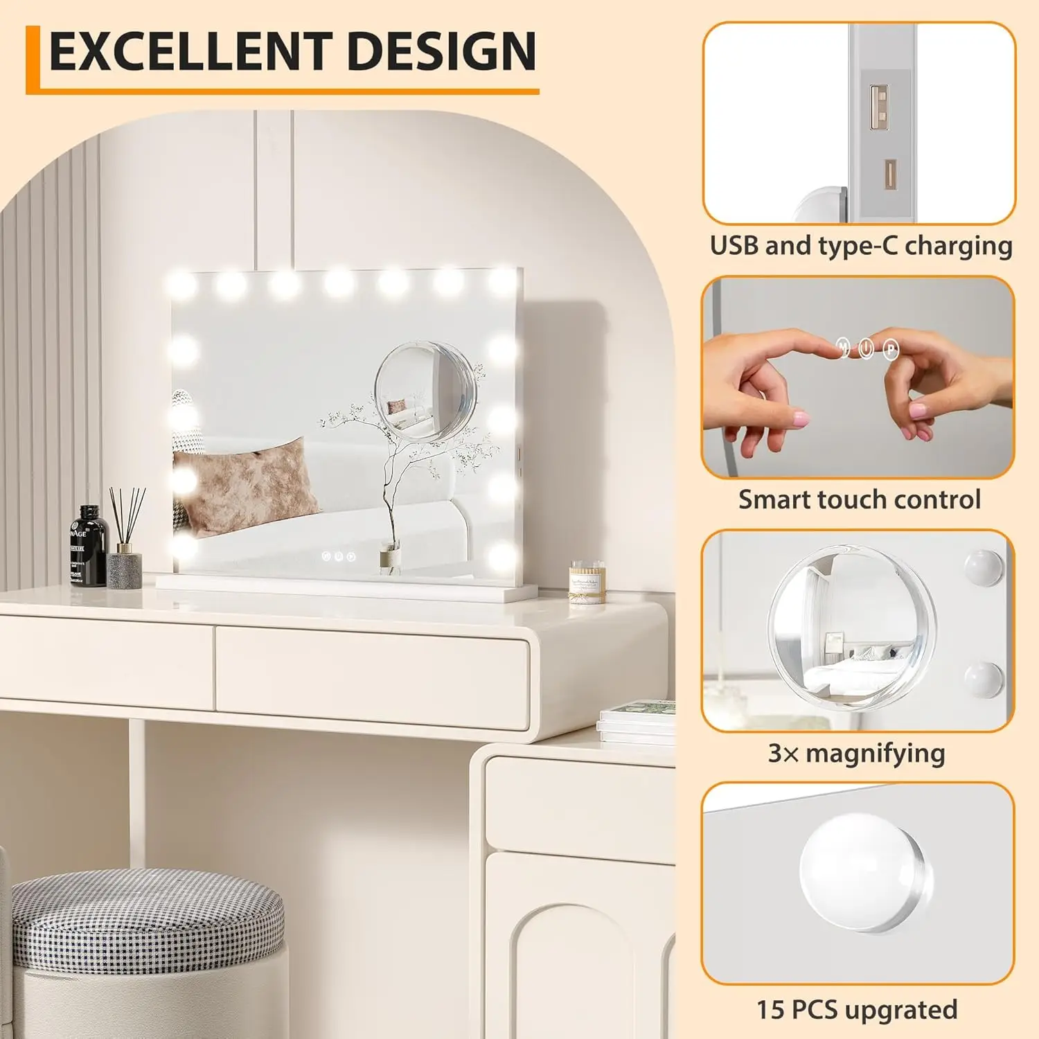 Vanity Mirror with Lights 15 Led Bulbs Lighted Dimmable 3 Color Modes Touch Control Makeup Mirror 3X Magnification for Bedroom