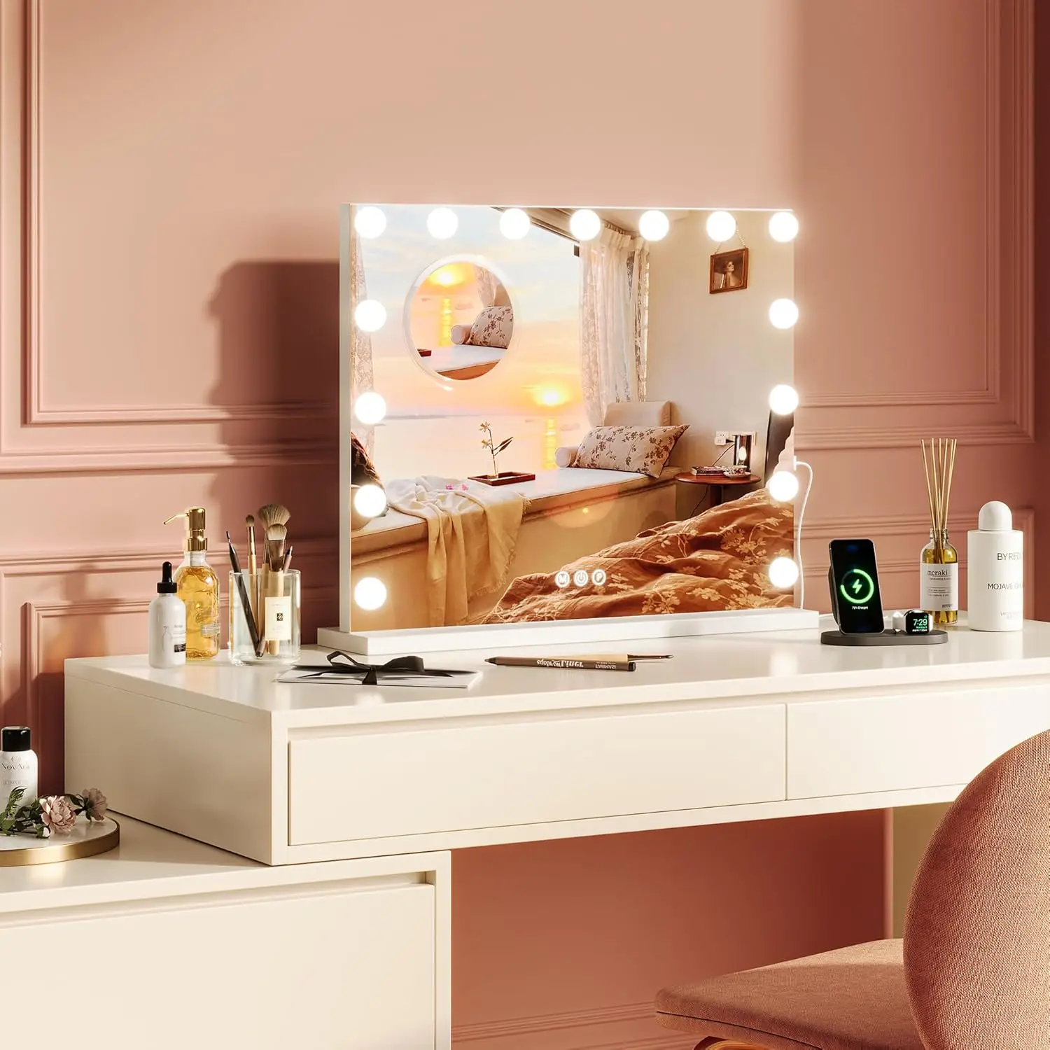 Vanity Mirror with Lights 15 Led Bulbs Lighted Dimmable 3 Color Modes Touch Control Makeup Mirror 3X Magnification for Bedroom
