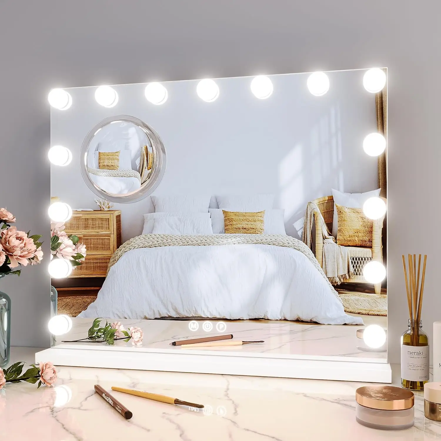 Vanity Mirror with Lights 15 Led Bulbs Lighted Dimmable 3 Color Modes Touch Control Makeup Mirror 3X Magnification for Bedroom