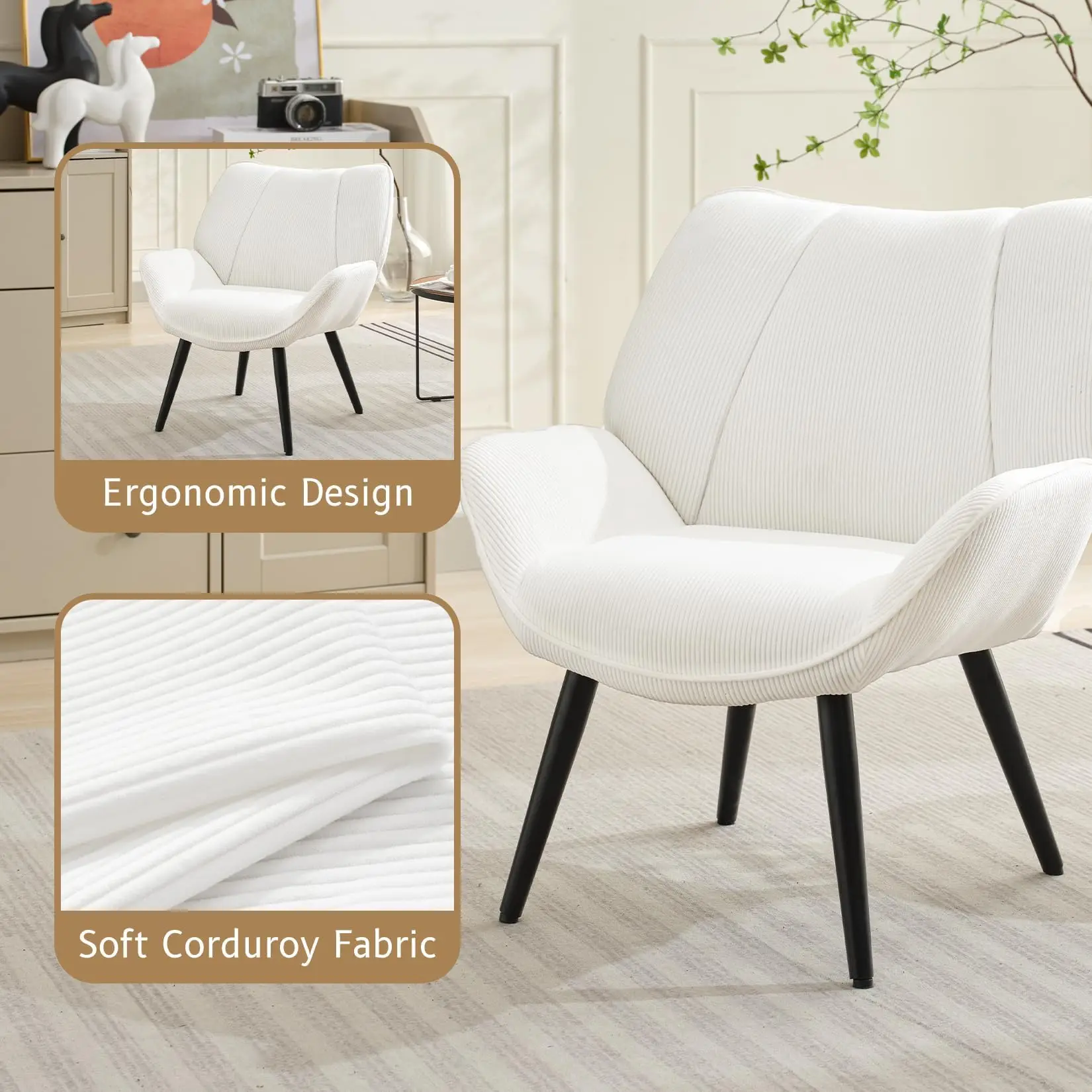 Living Room Accent Chair, Modern Wingback Reading Armchair Comfy Corduroy Sofa Chairs with Metal Legs, Upholstered Club Chair fo