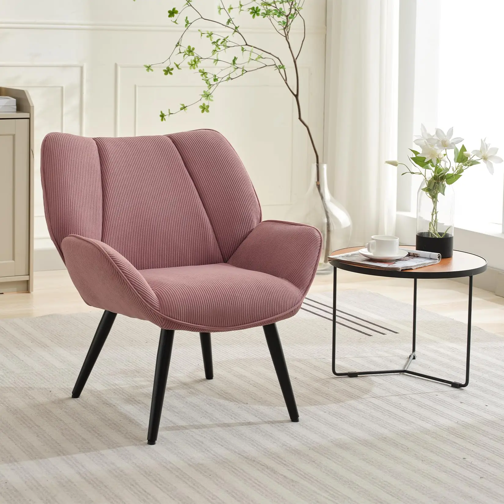 Living Room Accent Chair, Modern Wingback Reading Armchair Comfy Corduroy Sofa Chairs with Metal Legs, Upholstered Club Chair fo