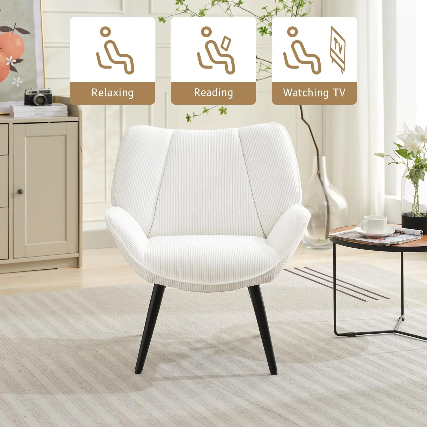 Living Room Accent Chair, Modern Wingback Reading Armchair Comfy Corduroy Sofa Chairs with Metal Legs, Upholstered Club Chair fo