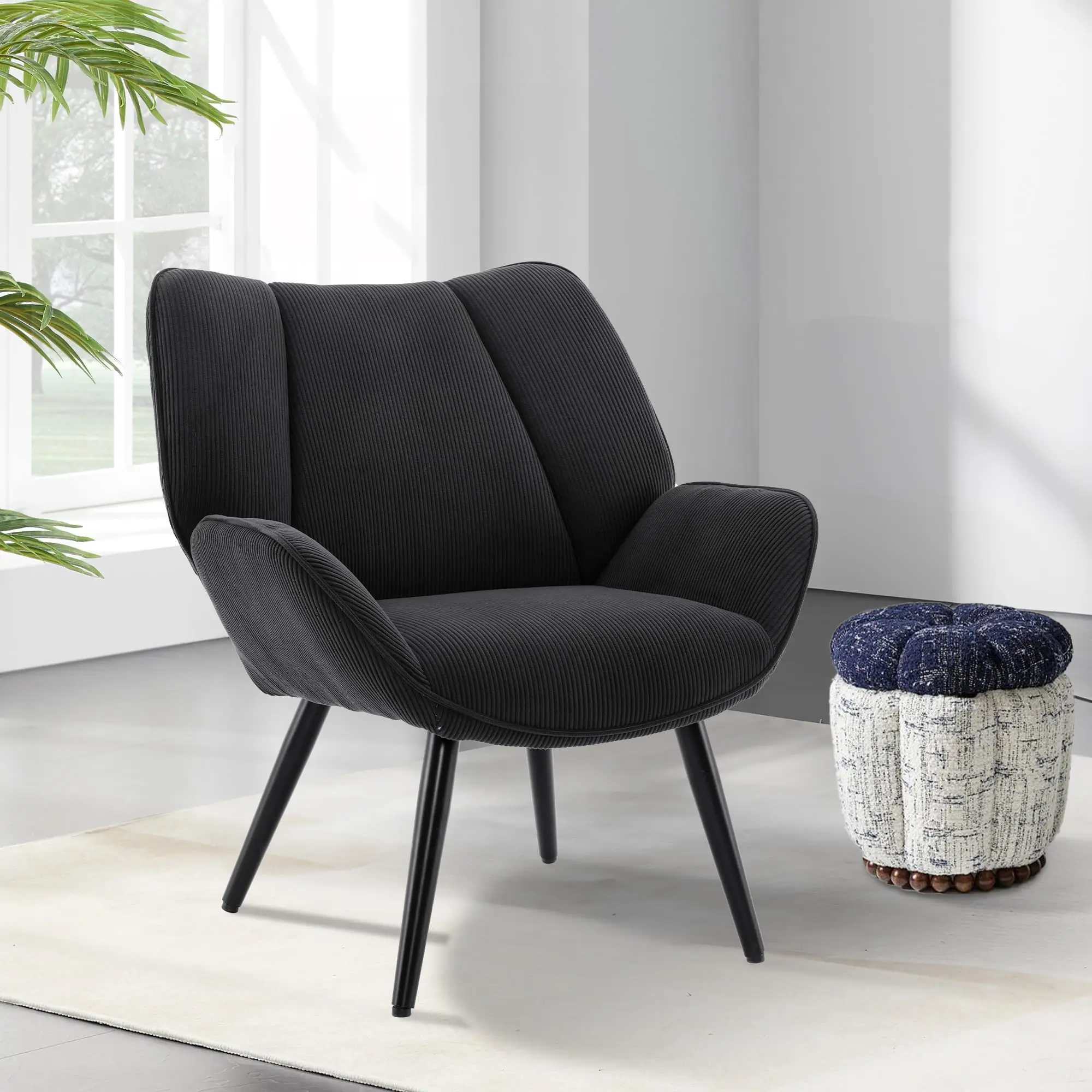 Living Room Accent Chair, Modern Wingback Reading Armchair Comfy Corduroy Sofa Chairs with Metal Legs, Upholstered Club Chair fo
