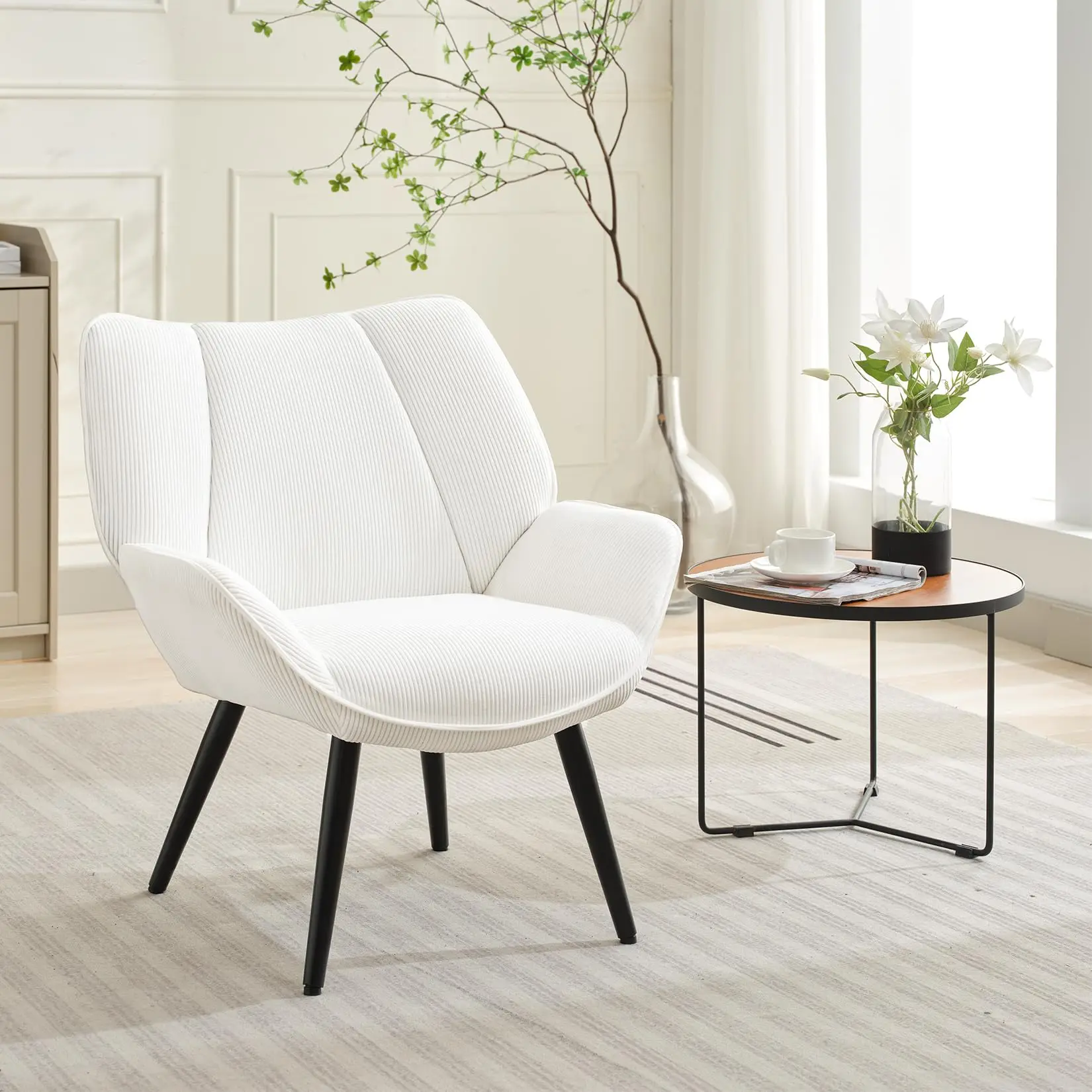 Living Room Accent Chair, Modern Wingback Reading Armchair Comfy Corduroy Sofa Chairs with Metal Legs, Upholstered Club Chair fo