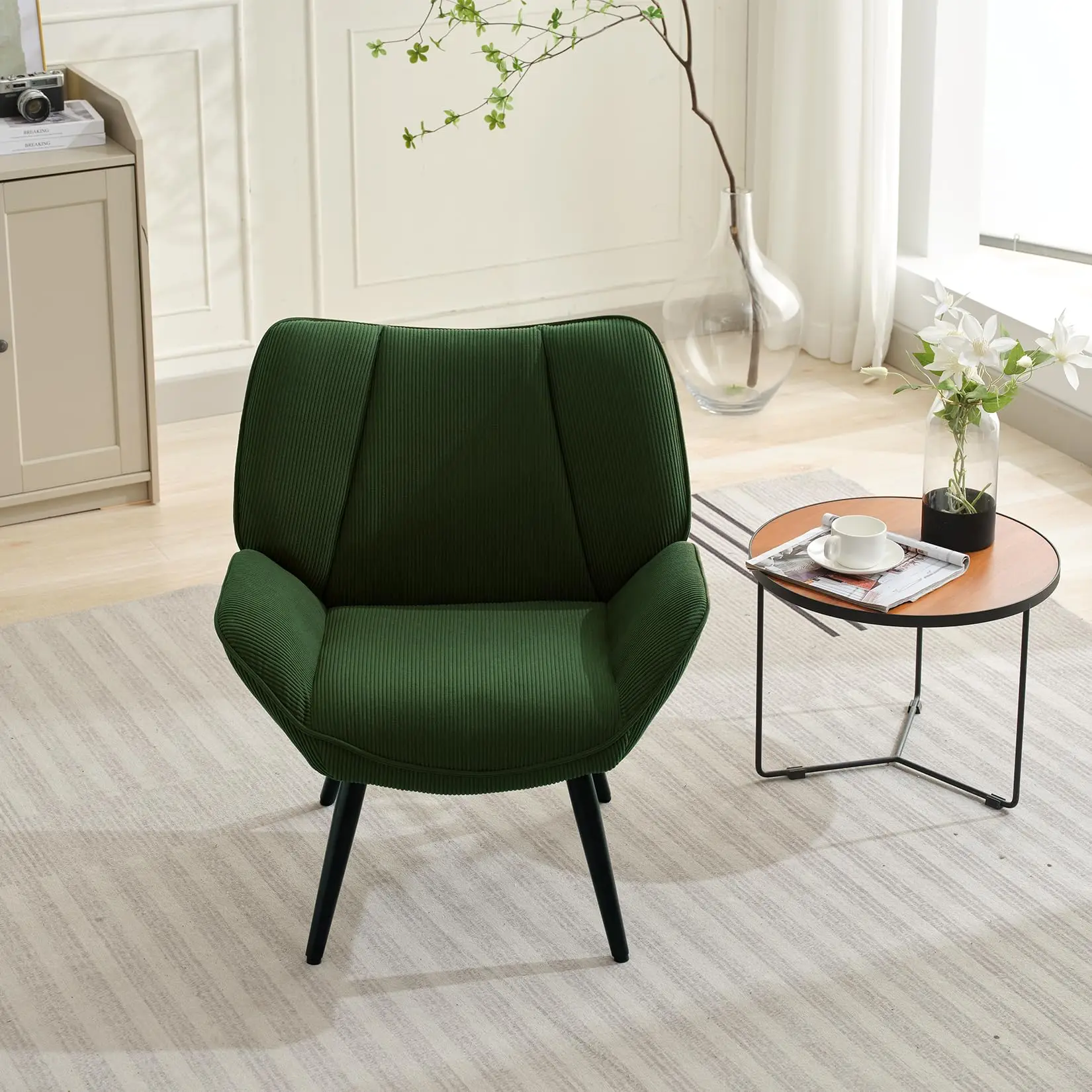 Living Room Accent Chair, Modern Wingback Reading Armchair Comfy Corduroy Sofa Chairs with Metal Legs, Upholstered Club Chair fo