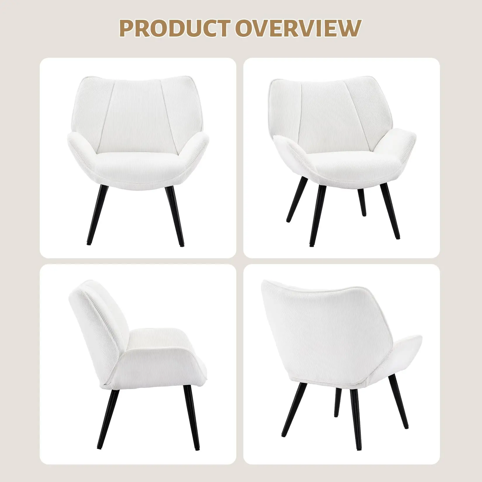 Living Room Accent Chair, Modern Wingback Reading Armchair Comfy Corduroy Sofa Chairs with Metal Legs, Upholstered Club Chair fo