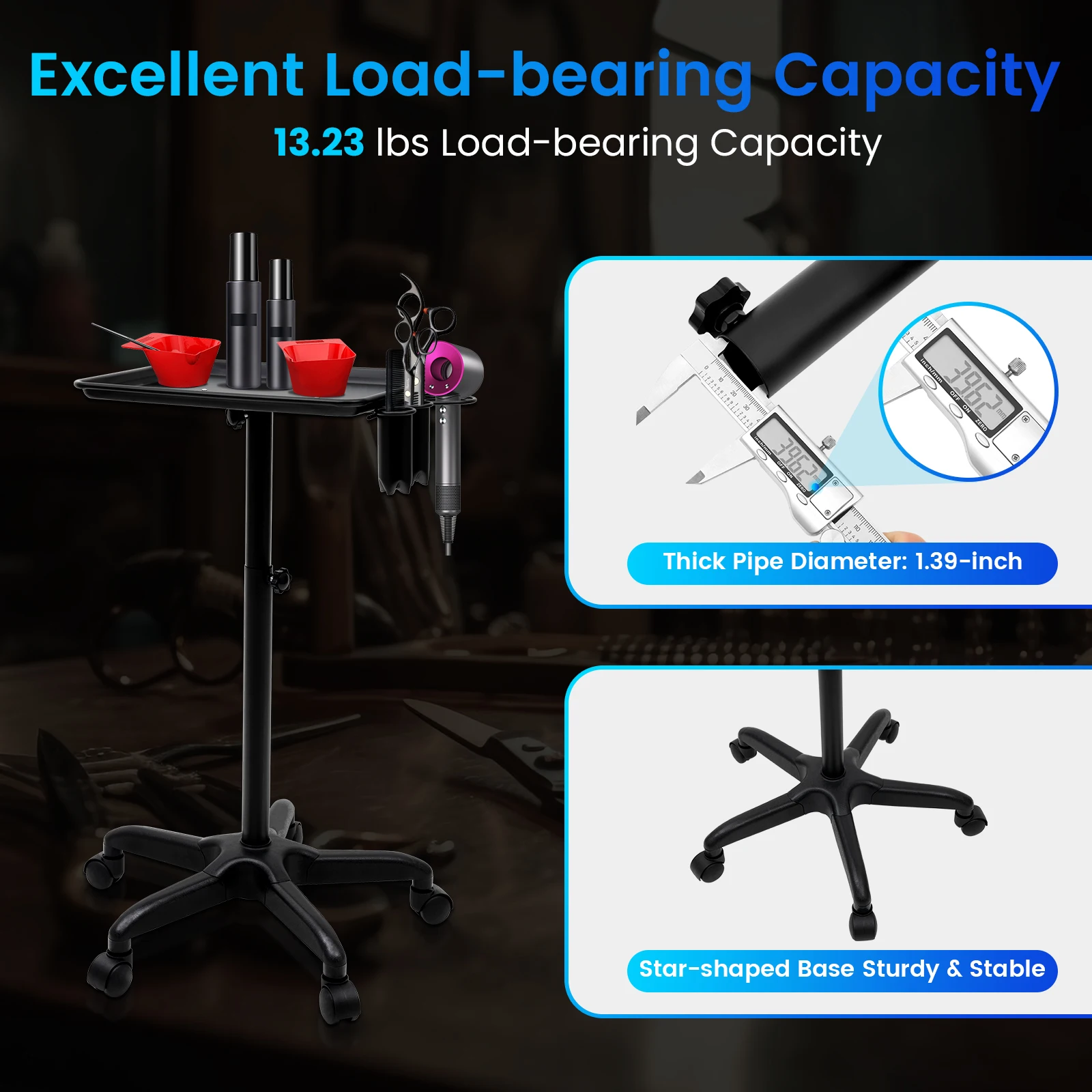 Mobile Hair Salon Trolley with Wheels 64-108cm Height Adjustable Beauty Cart for Barber Tools Scissors Hair Dryer