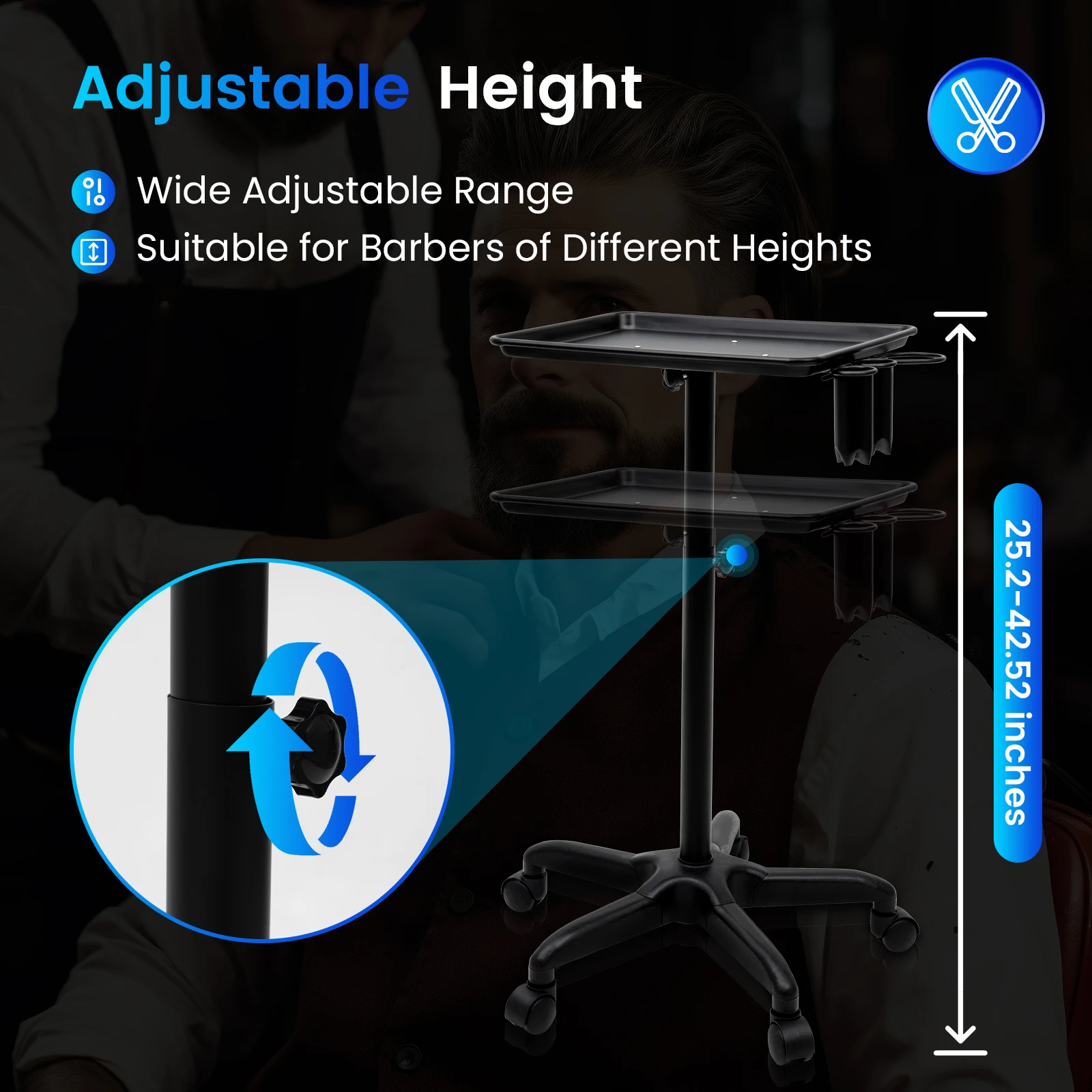 Mobile Hair Salon Trolley with Wheels 64-108cm Height Adjustable Beauty Cart for Barber Tools Scissors Hair Dryer