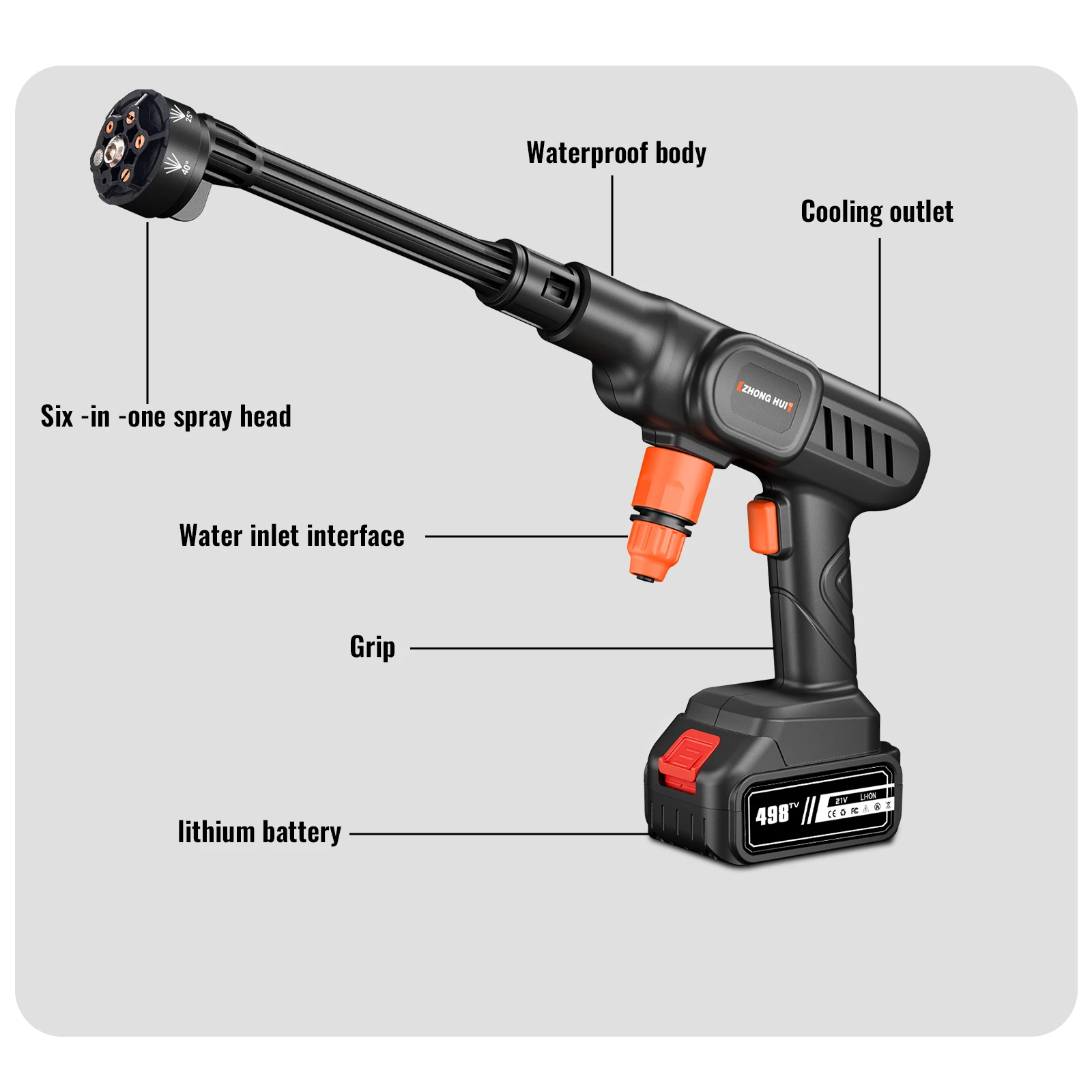 6 in 1 Nozzle High Pressure Washer Car Water Gun 12000mAh Home Yard Garden Cleaning Washing Machine Gun for Makita 21V Battery