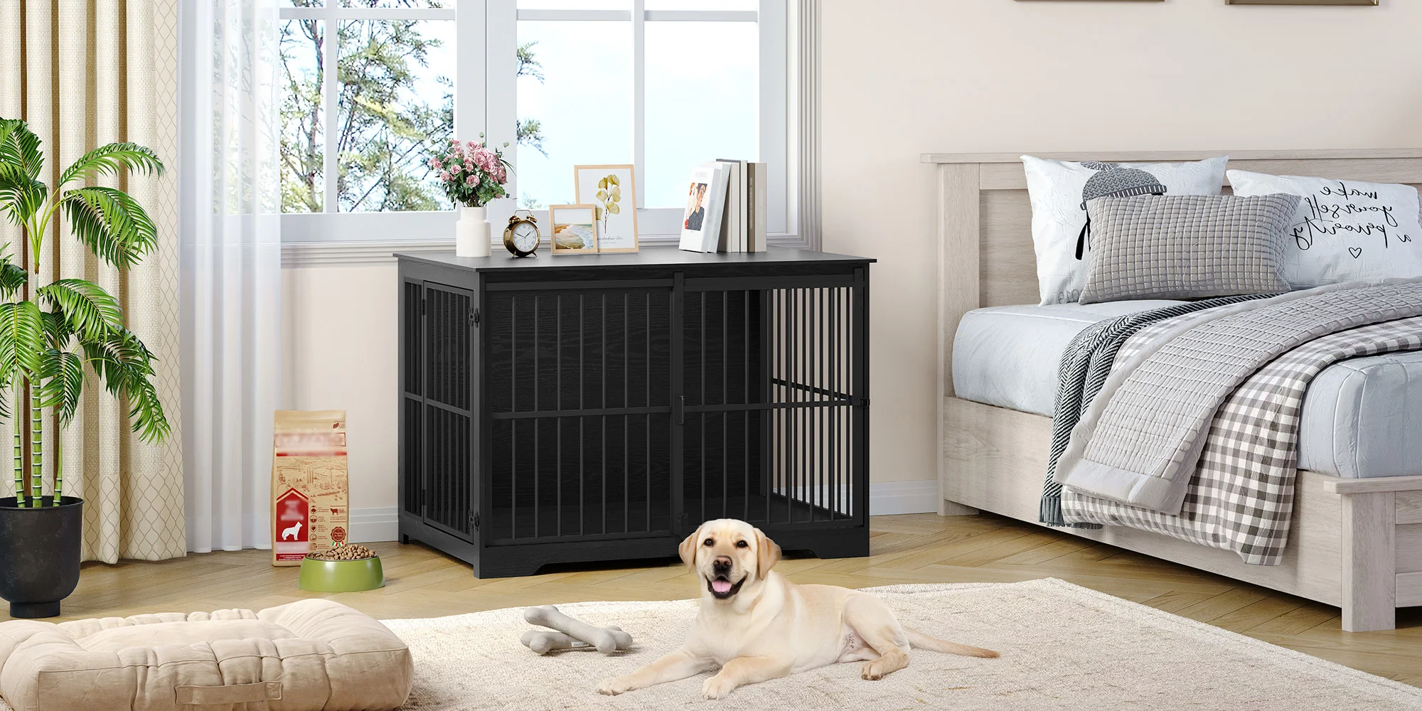 Dog Cage Furniture, 110 cm Dog Crate, 2 Doors, Modern Indoor Dog Cage for Dogs, Side Table, Reinforced Sliding Door,Black