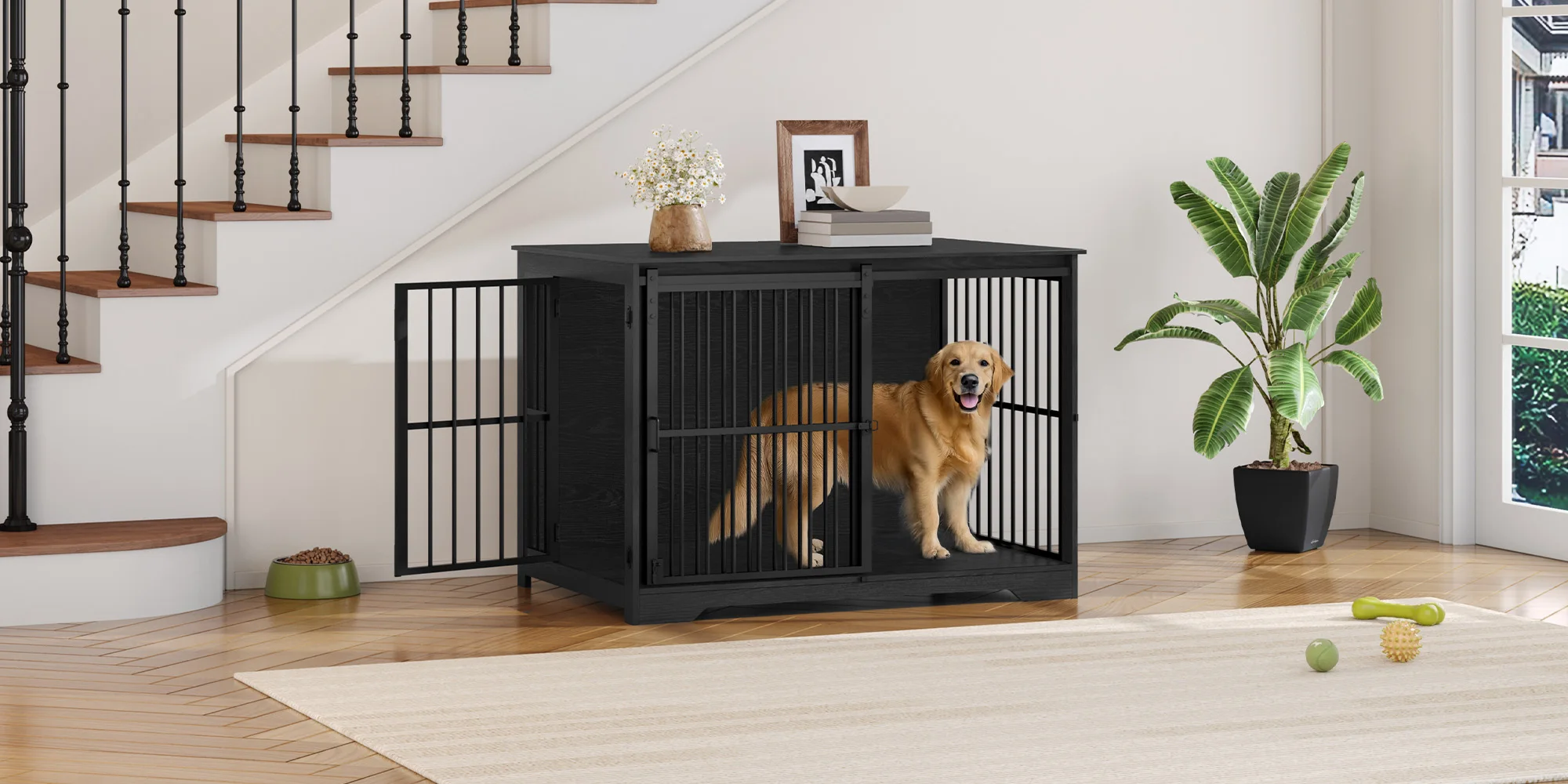 Dog Cage Furniture, 110 cm Dog Crate, 2 Doors, Modern Indoor Dog Cage for Dogs, Side Table, Reinforced Sliding Door,Black