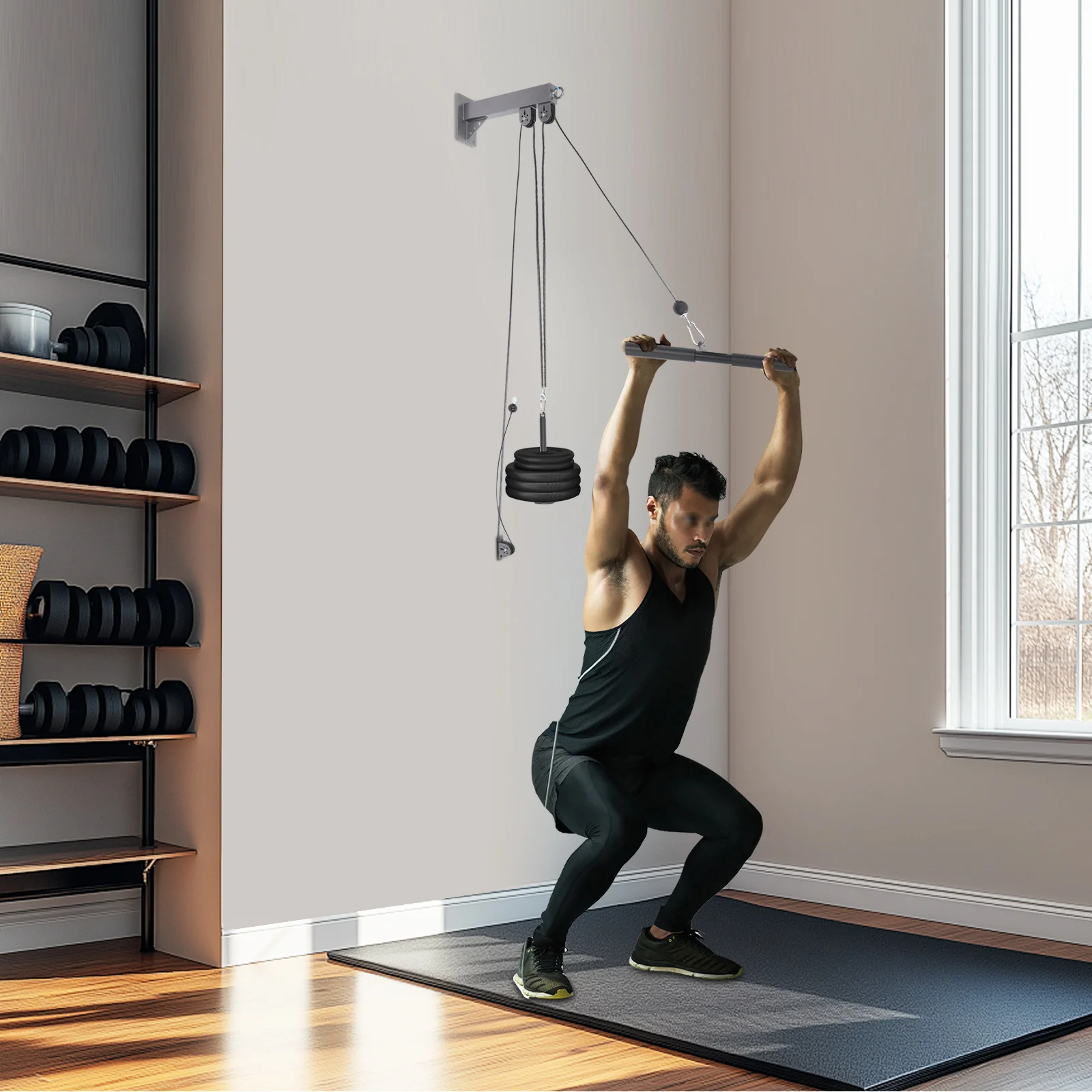 Wall-Mounted Cable Pulley System Fitness Pulley Cable Set Home Gym Pulley Machine for Full-Body Strength Training