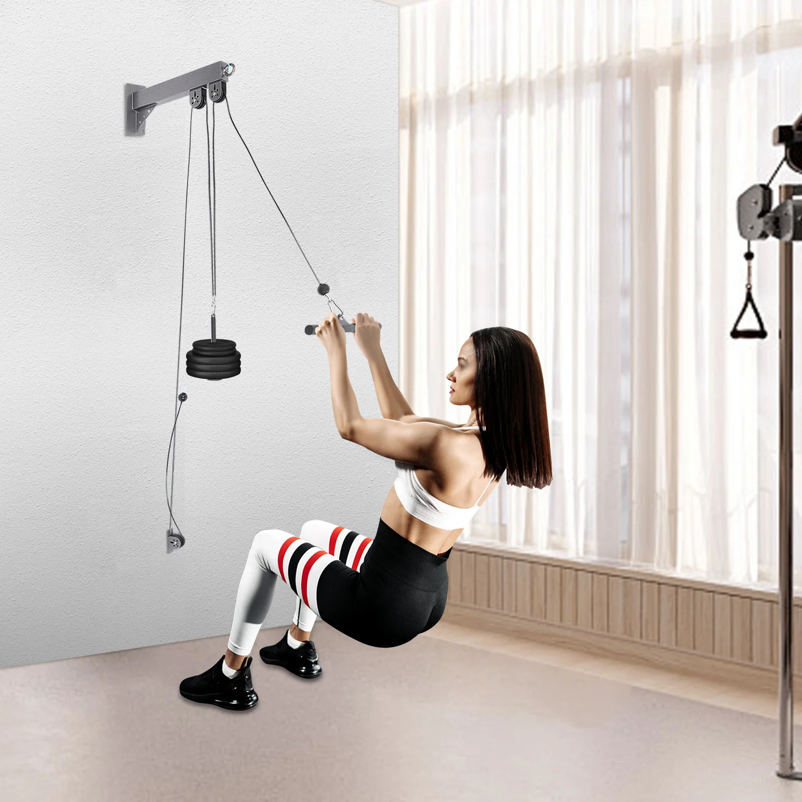 Wall-Mounted Cable Pulley System Fitness Pulley Cable Set Home Gym Pulley Machine for Full-Body Strength Training