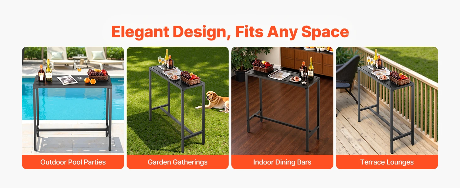 SucceBuy Outdoor Bar Table 39.4/47.2/55/63 x 15 in Waterproof Top & Sturdy Metal Frame Rectangle Tables Outdoor/Indoor Furniture