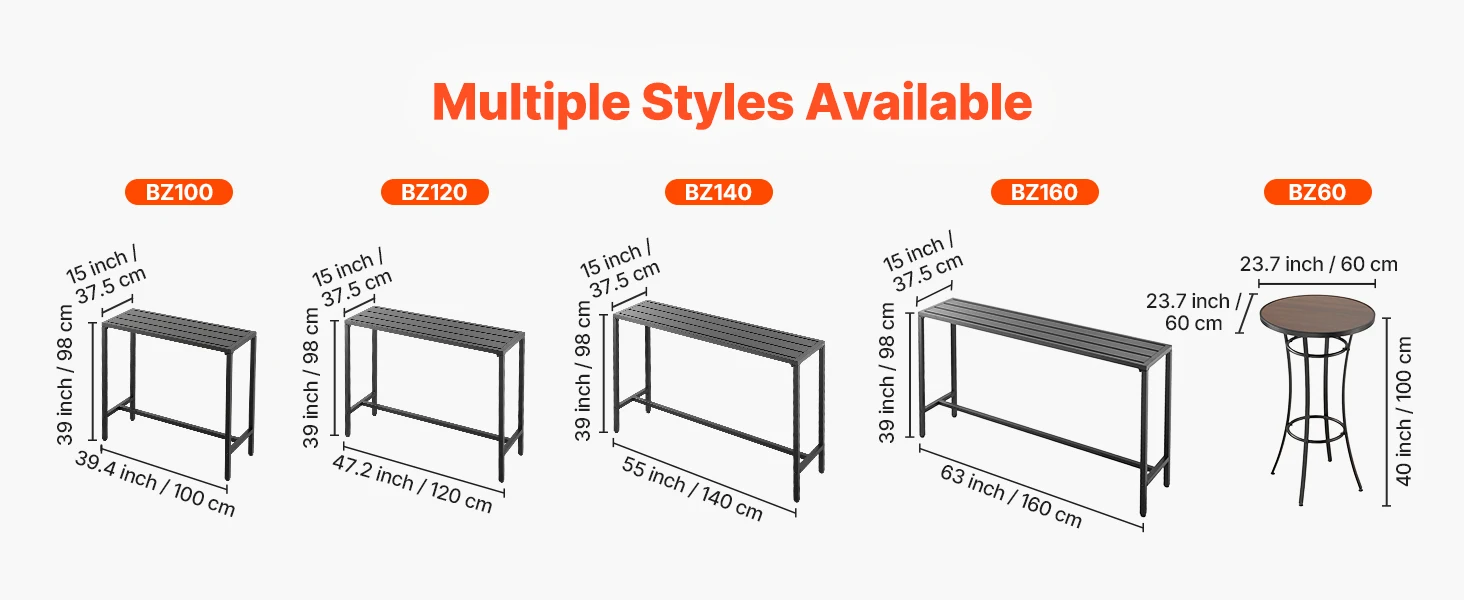 SucceBuy Outdoor Bar Table 39.4/47.2/55/63 x 15 in Waterproof Top & Sturdy Metal Frame Rectangle Tables Outdoor/Indoor Furniture