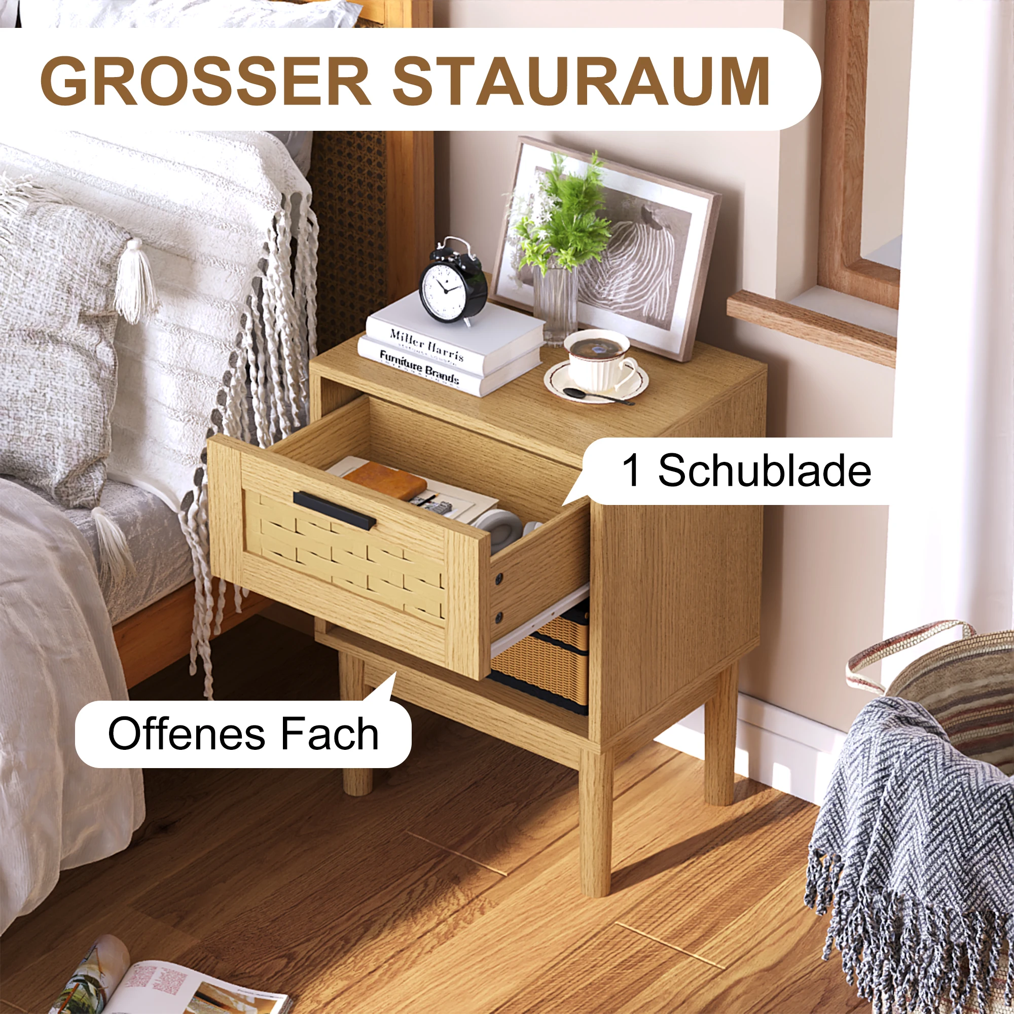 Rosahqnda 2 pieces/set Natural Rattan Nightstand,End Table,Side Table Bedside,with Solid Wood Feet,1 drawer, 1 shelf