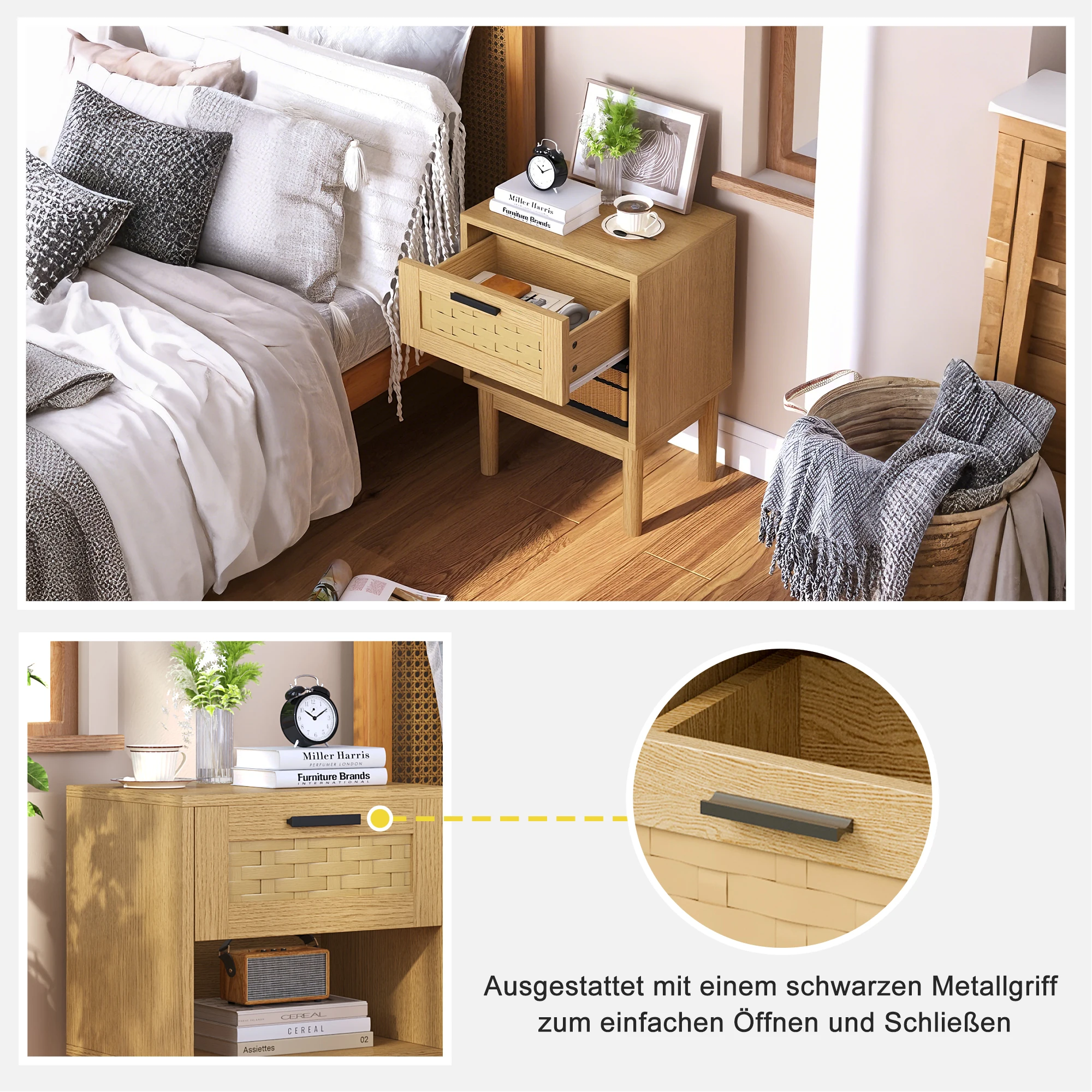 Rosahqnda 2 pieces/set Natural Rattan Nightstand,End Table,Side Table Bedside,with Solid Wood Feet,1 drawer, 1 shelf