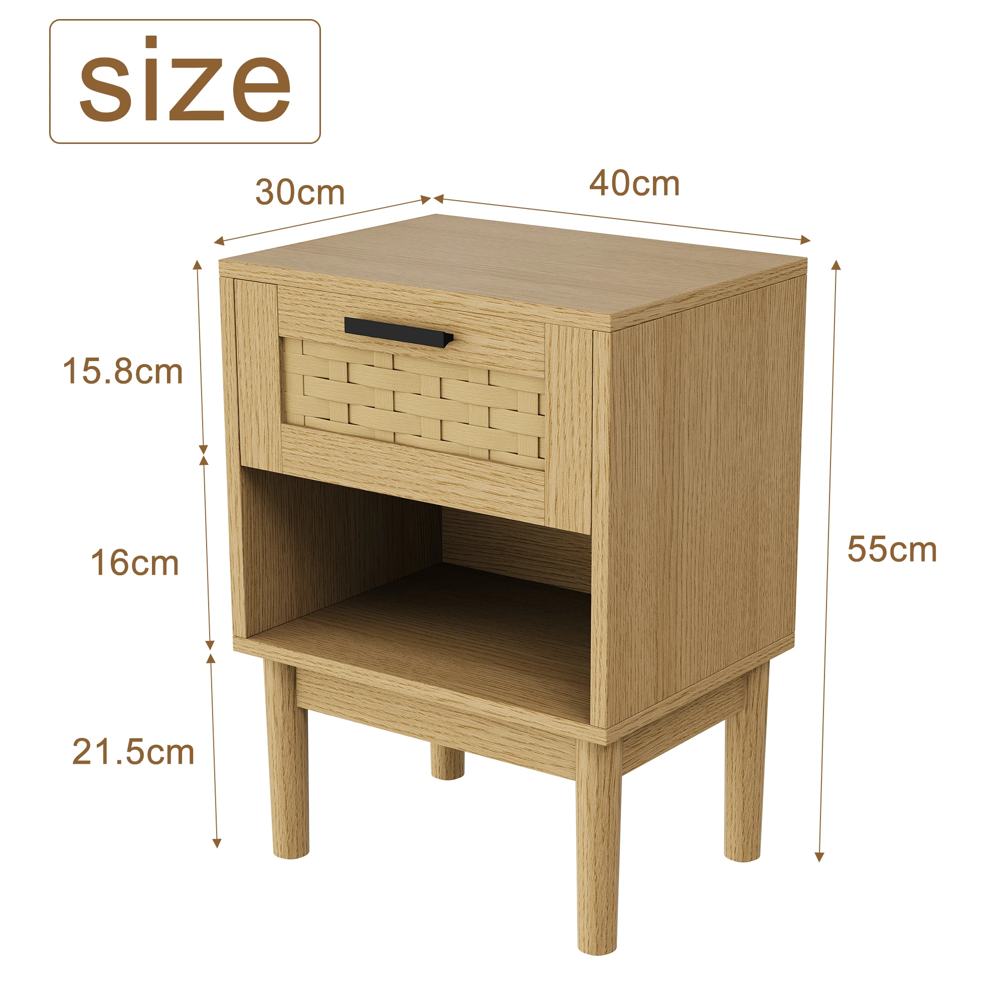 Rosahqnda 2 pieces/set Natural Rattan Nightstand,End Table,Side Table Bedside,with Solid Wood Feet,1 drawer, 1 shelf