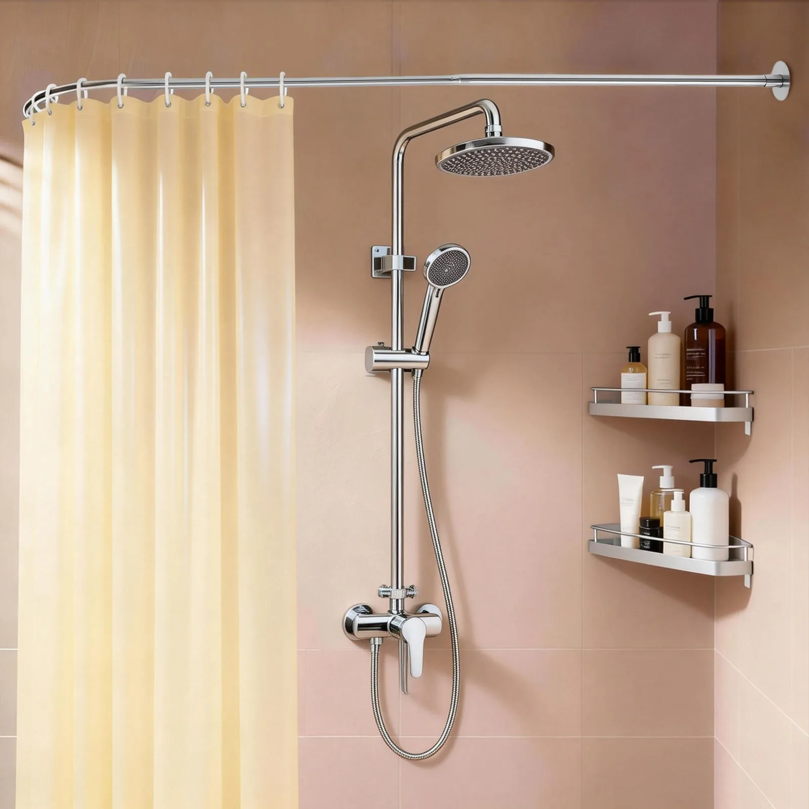 L Shaped Corner Shower Curtain Rod Wall Mounted Adjustable 27.5-37.4 Inch Silver Bathroom Telescopic Pole