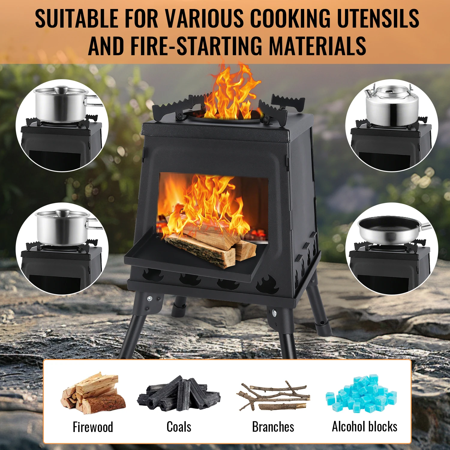 Foldable Camping Stove Carbon Steel Wood Burning Stove with Carrying Bag for Outdoor Cooking Backpacking Hiking Survival