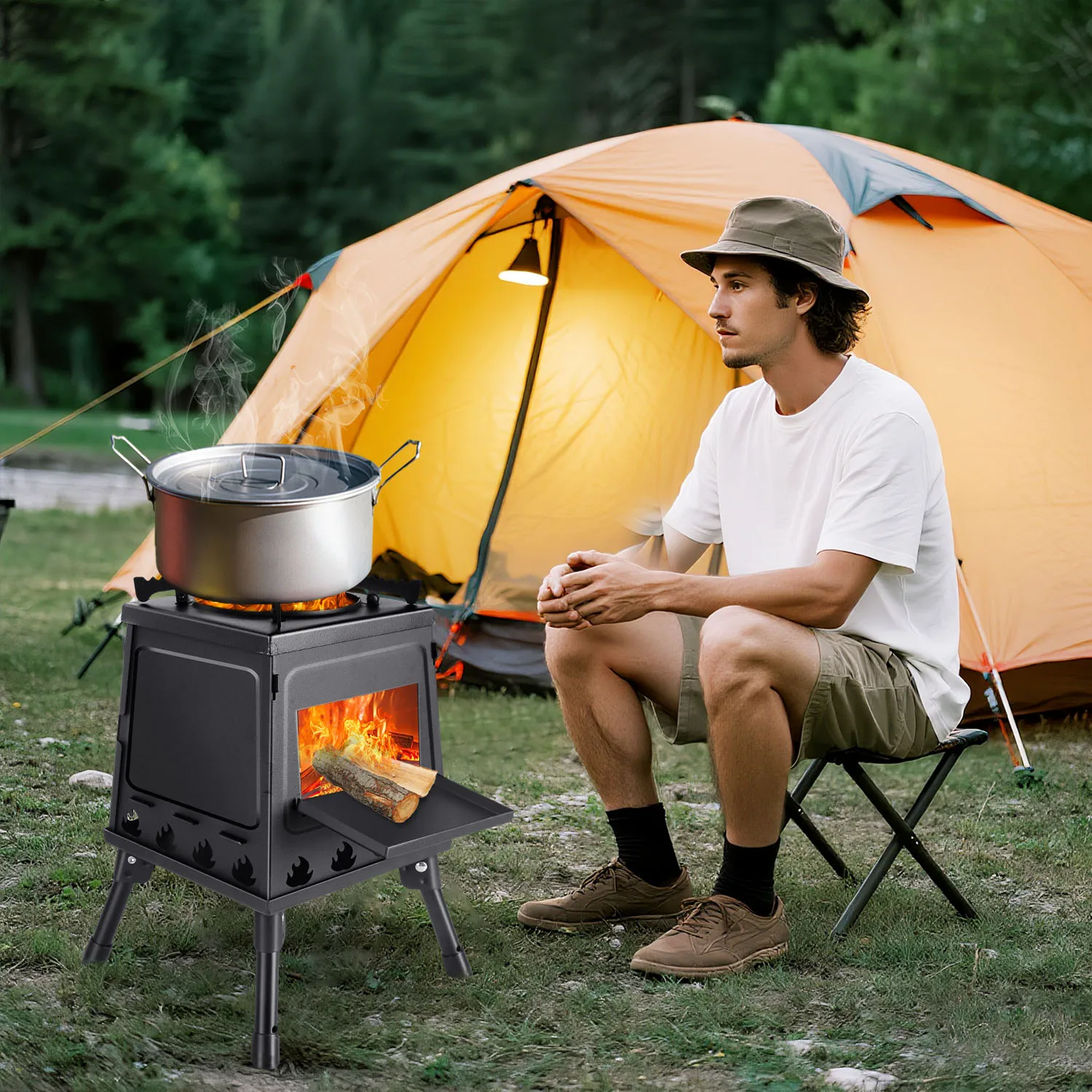 Foldable Camping Stove Carbon Steel Wood Burning Stove with Carrying Bag for Outdoor Cooking Backpacking Hiking Survival