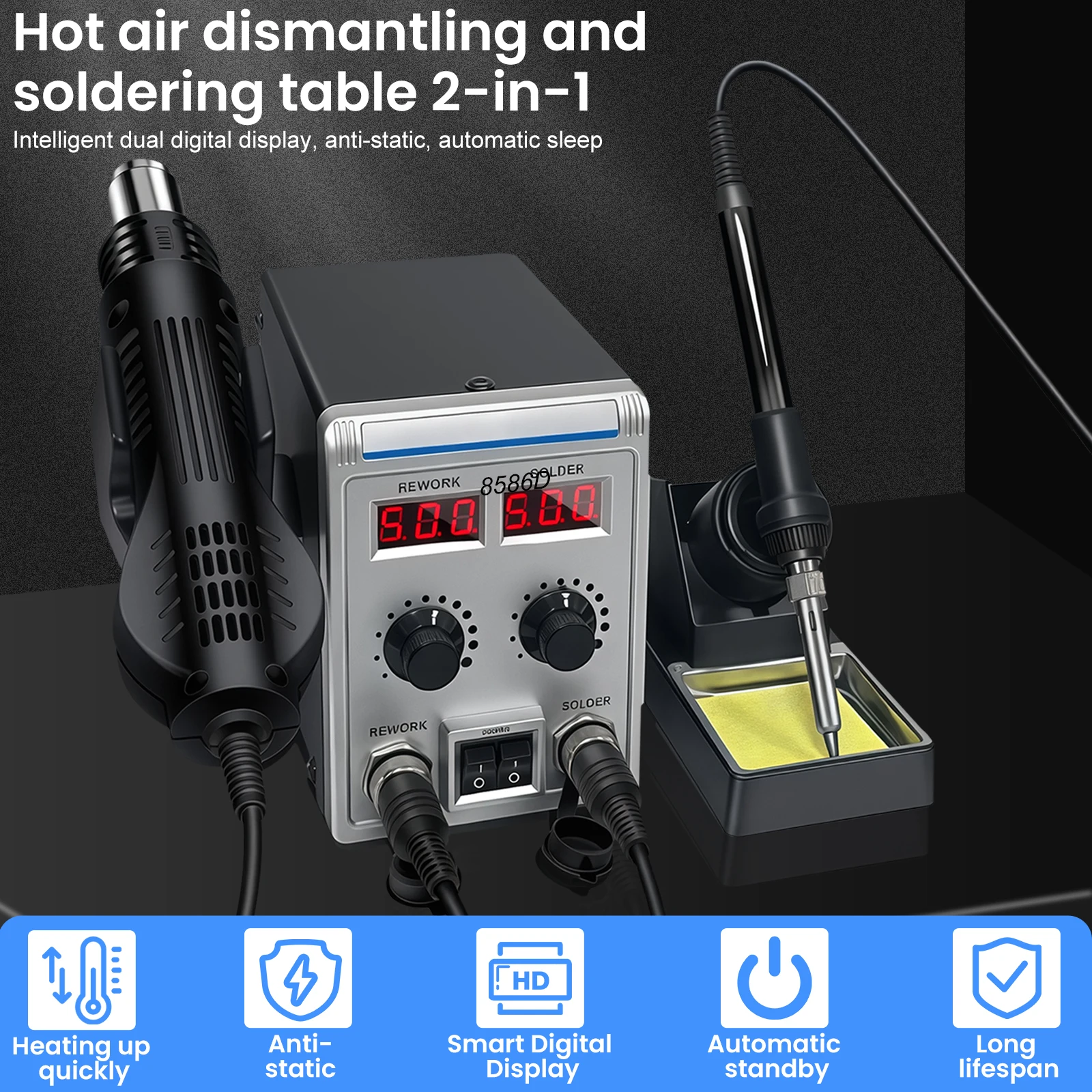 8586D 2-IN-1 Soldering Station 700W Hot Air Gun LCD Digital Display Soldering Iron Rework Station Independent Switches EU Plug