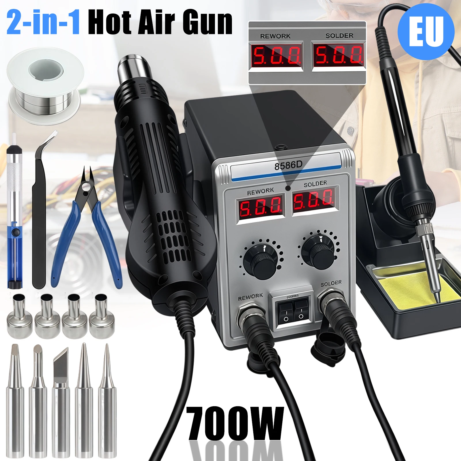 8586D 2-IN-1 Soldering Station 700W Hot Air Gun LCD Digital Display Soldering Iron Rework Station Independent Switches EU Plug