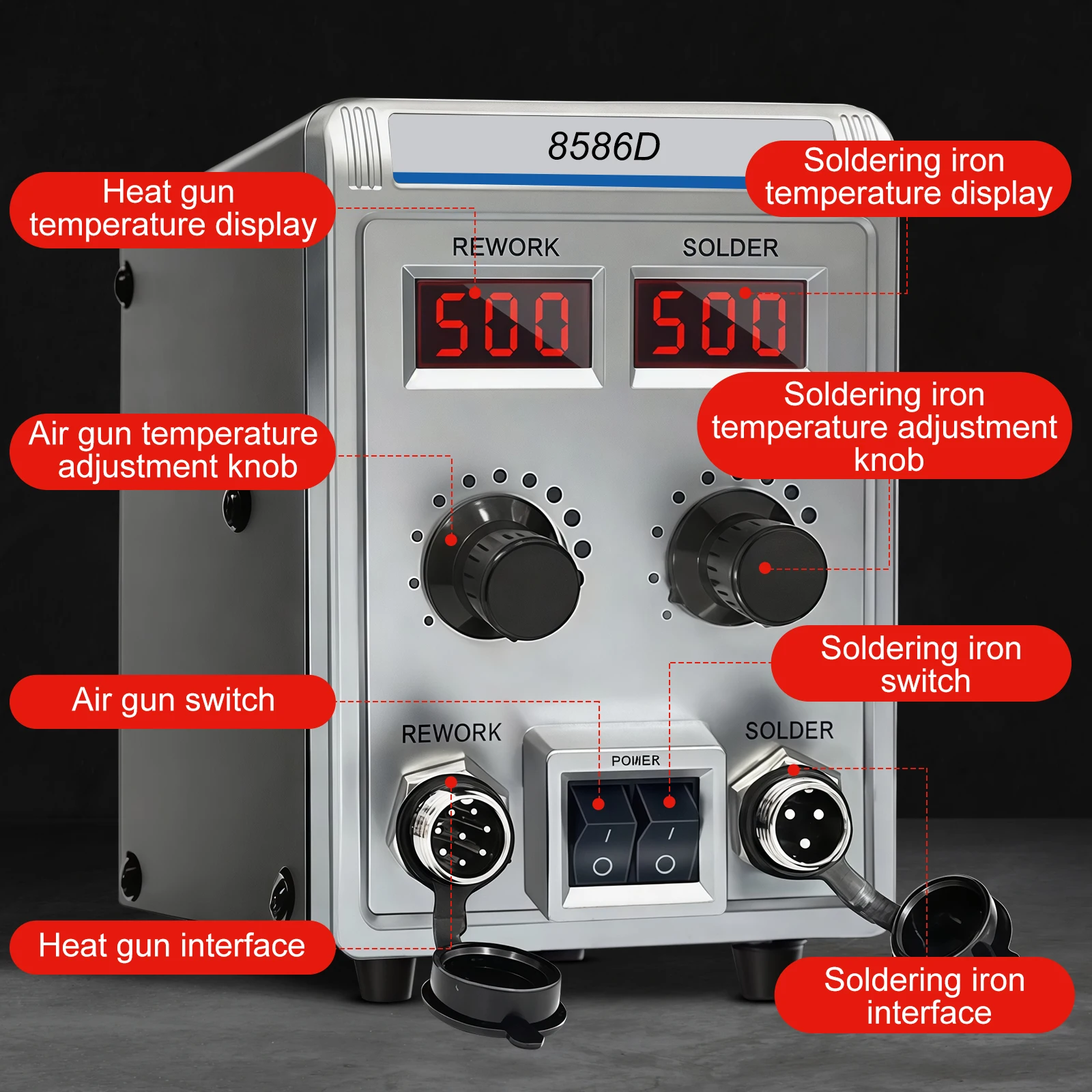 8586D 2-IN-1 Soldering Station 700W Hot Air Gun LCD Digital Display Soldering Iron Rework Station Independent Switches EU Plug