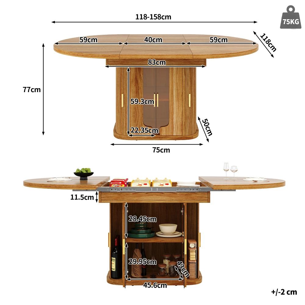 Modern Extendable Round To Oval Dining Table Wood 118-158cm 6 Seater Kitchen Dining Table with Glass Door Storage Home Furniture