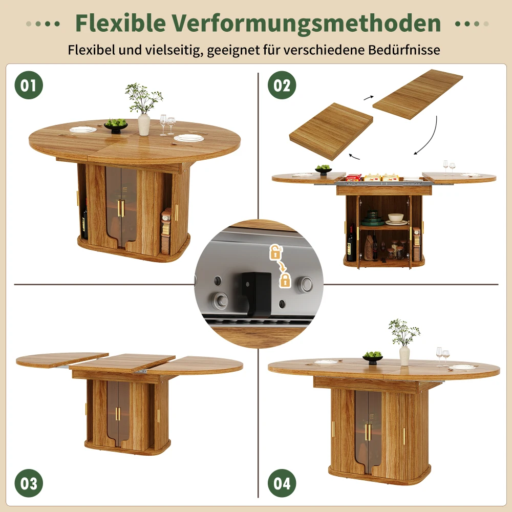 Modern Extendable Round To Oval Dining Table Wood 118-158cm 6 Seater Kitchen Dining Table with Glass Door Storage Home Furniture