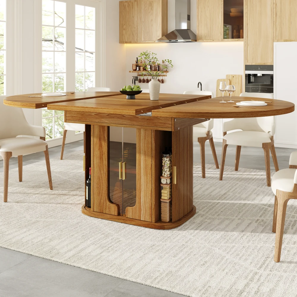 Modern Extendable Round To Oval Dining Table Wood 118-158cm 6 Seater Kitchen Dining Table with Glass Door Storage Home Furniture