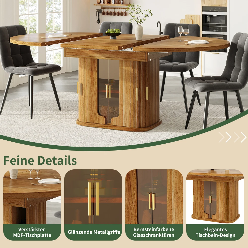 Modern Extendable Round To Oval Dining Table Wood 118-158cm 6 Seater Kitchen Dining Table with Glass Door Storage Home Furniture