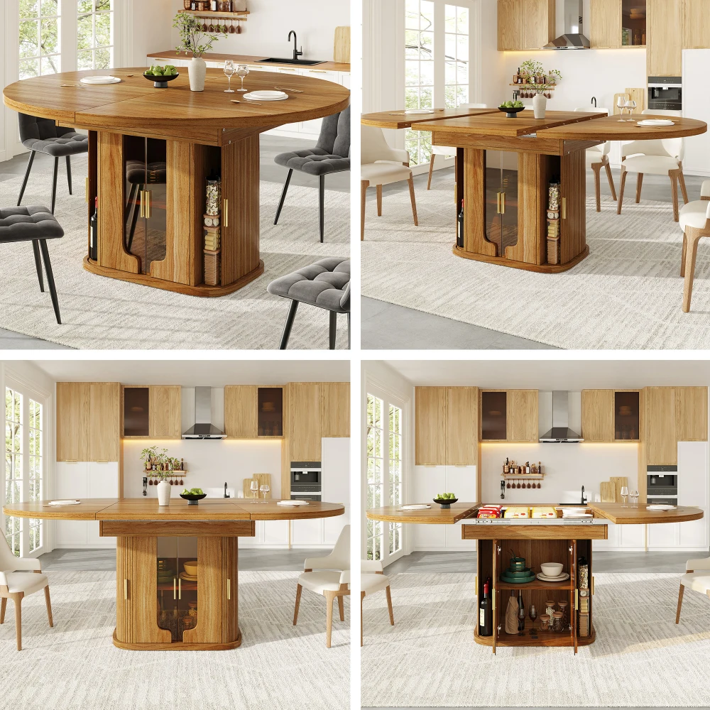 Modern Extendable Round To Oval Dining Table Wood 118-158cm 6 Seater Kitchen Dining Table with Glass Door Storage Home Furniture