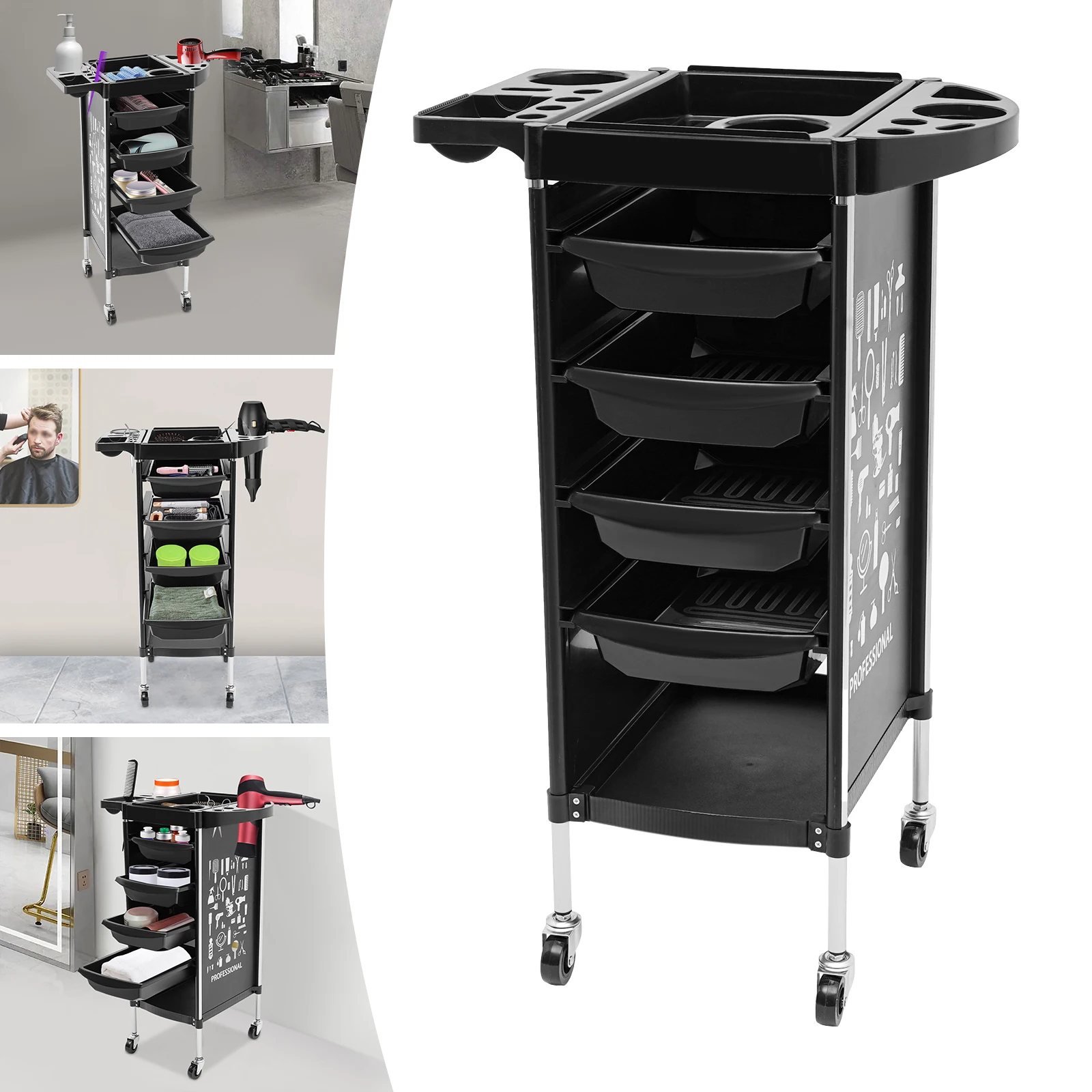 Salon Trolley Cart with 4 Drawers Foldable Top Mobile Wheels for Barber Shop Hair Salon Beauty Salon Spa Stylist Utility Cart