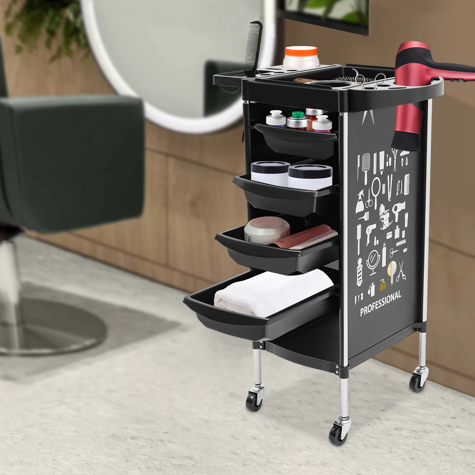 Salon Trolley Cart with 4 Drawers Foldable Top Mobile Wheels for Barber Shop Hair Salon Beauty Salon Spa Stylist Utility Cart
