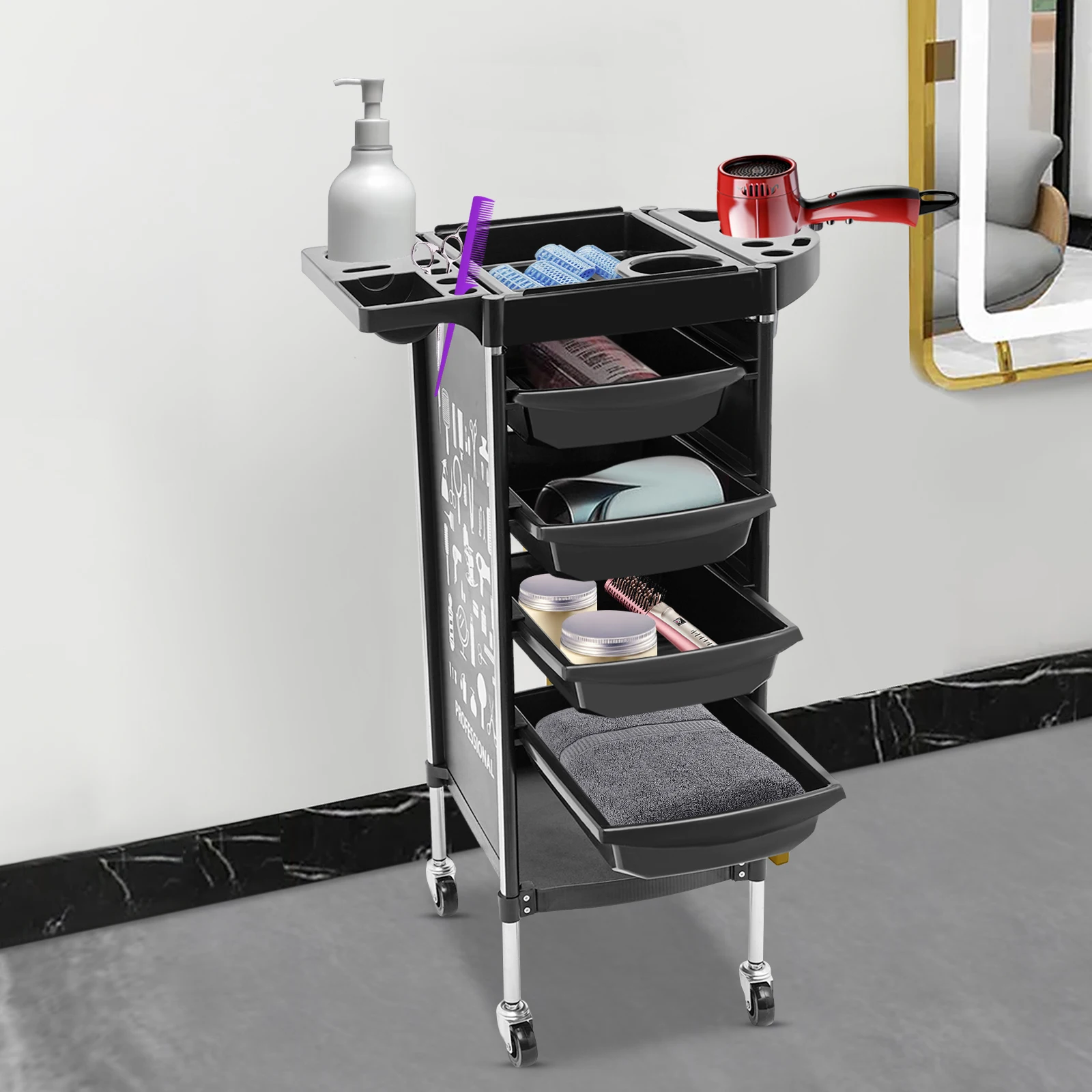 Salon Trolley Cart with 4 Drawers Foldable Top Mobile Wheels for Barber Shop Hair Salon Beauty Salon Spa Stylist Utility Cart