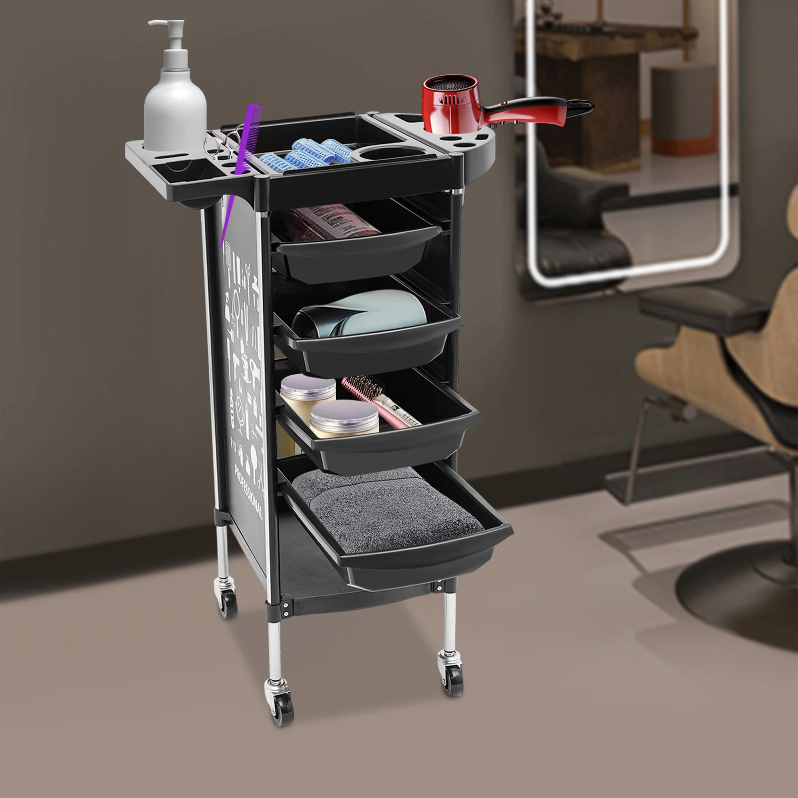 Salon Trolley Cart with 4 Drawers Foldable Top Mobile Wheels for Barber Shop Hair Salon Beauty Salon Spa Stylist Utility Cart