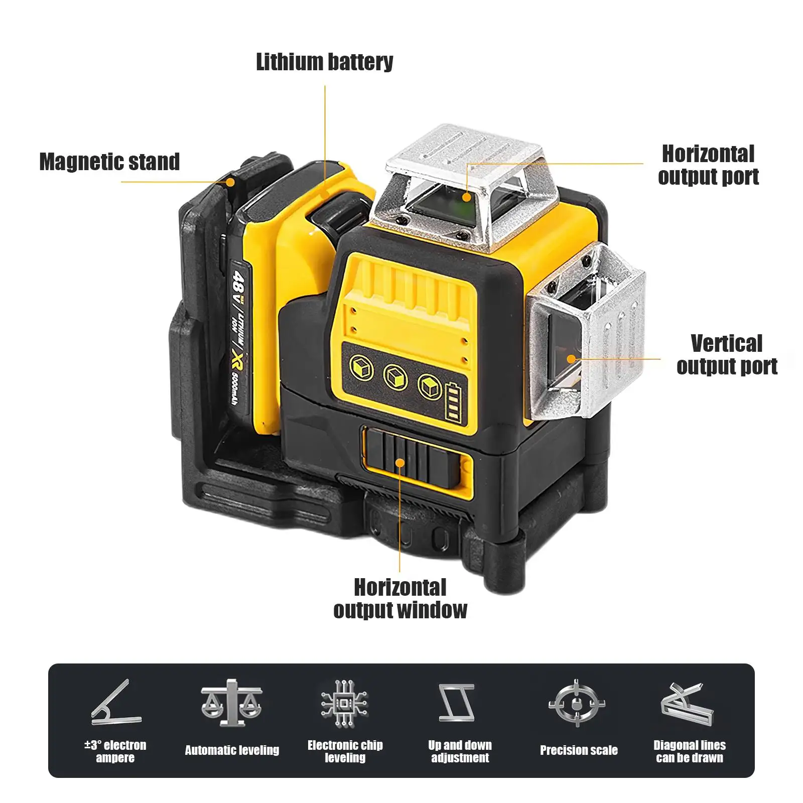 OWJHE 12 Lines 3 Sides 360 Degree Vertical Laser Level Green Meter IP65 Proof Cross Line Tool With 12V Lithium Battery Charger