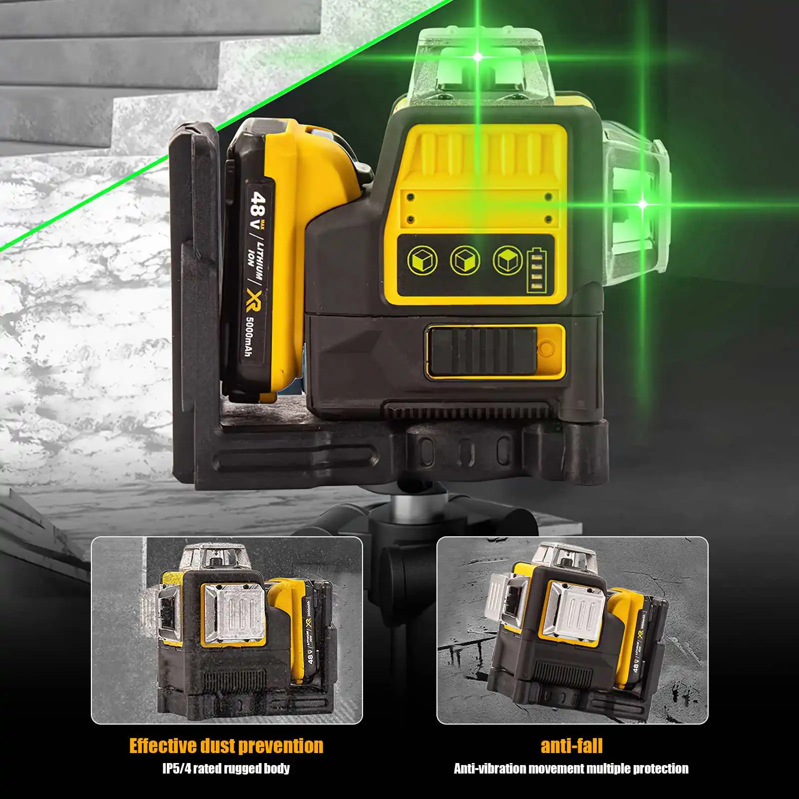 OWJHE 12 Lines 3 Sides 360 Degree Vertical Laser Level Green Meter IP65 Proof Cross Line Tool With 12V Lithium Battery Charger