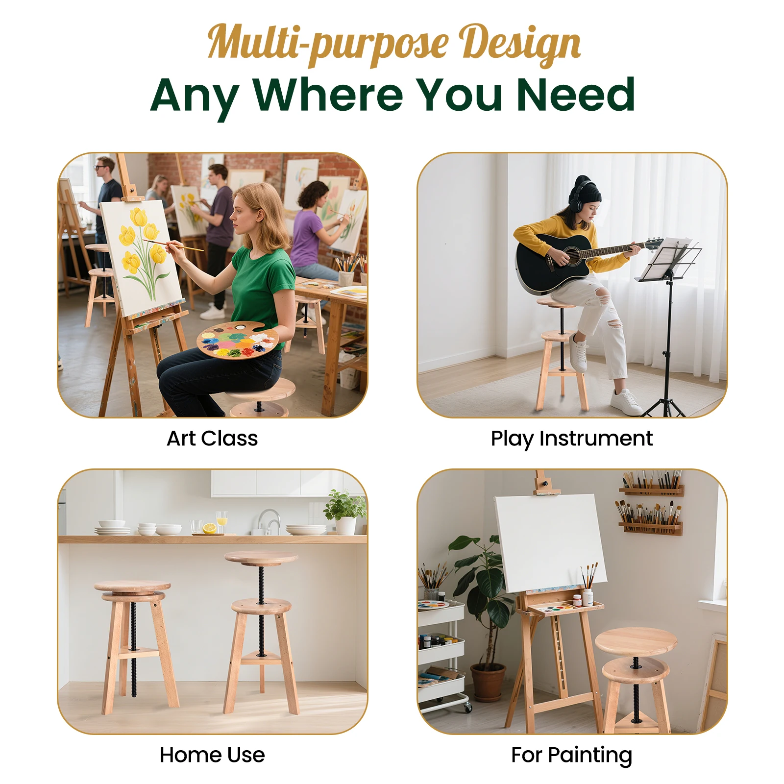 48-65 Cm Adjustable Wooden Artist Stool, Swivel Drafting Chair for Drawing Table & Studio Home Use