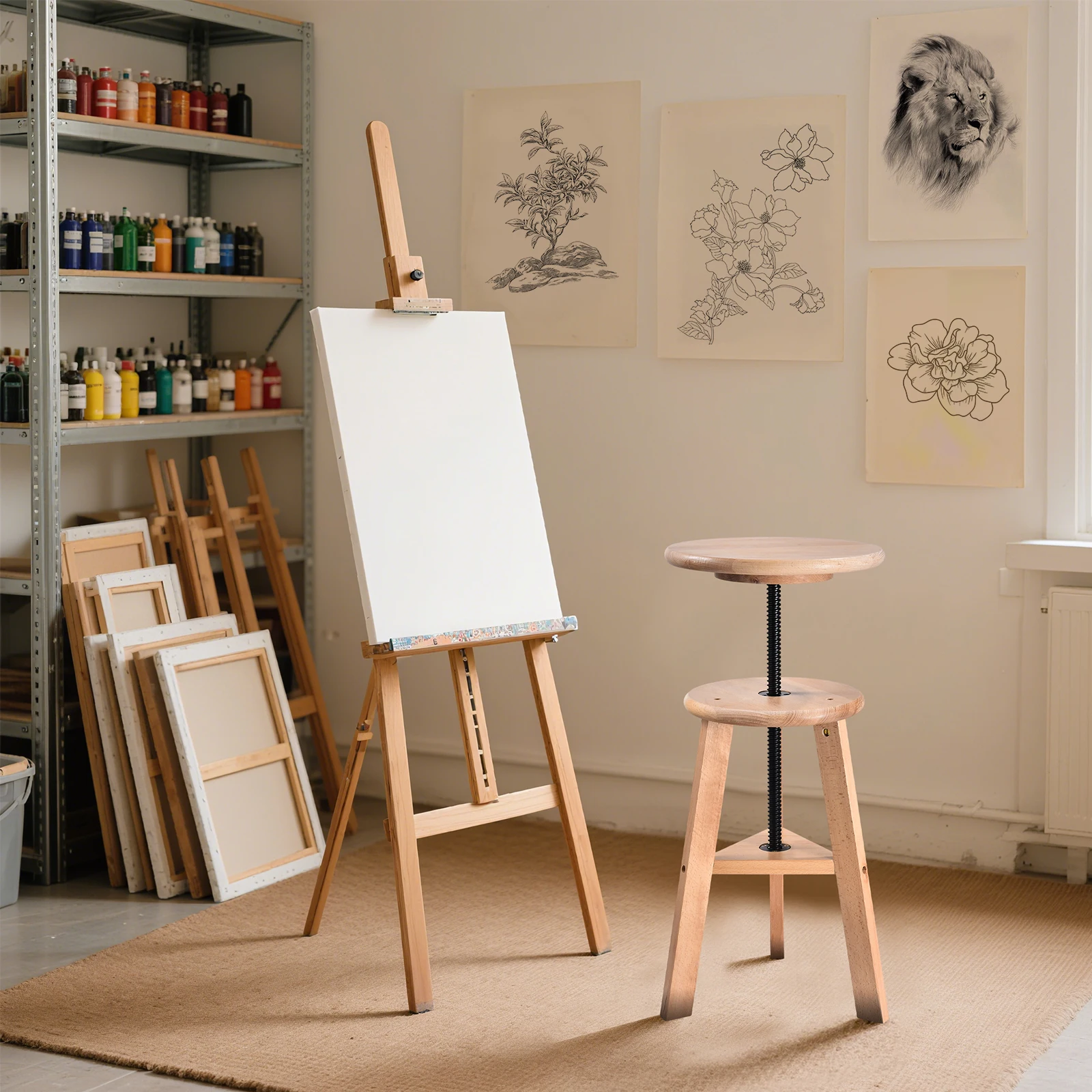 48-65 Cm Adjustable Wooden Artist Stool, Swivel Drafting Chair for Drawing Table & Studio Home Use