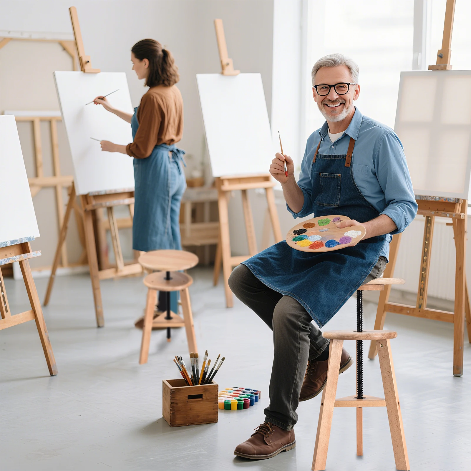 48-65 Cm Adjustable Wooden Artist Stool, Swivel Drafting Chair for Drawing Table & Studio Home Use