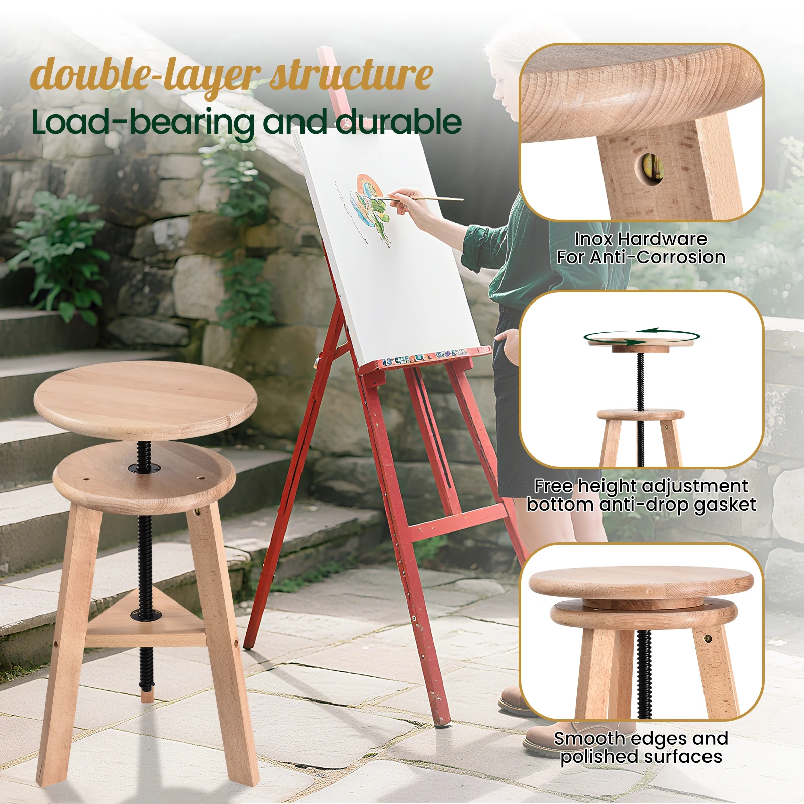 48-65 Cm Adjustable Wooden Artist Stool, Swivel Drafting Chair for Drawing Table & Studio Home Use