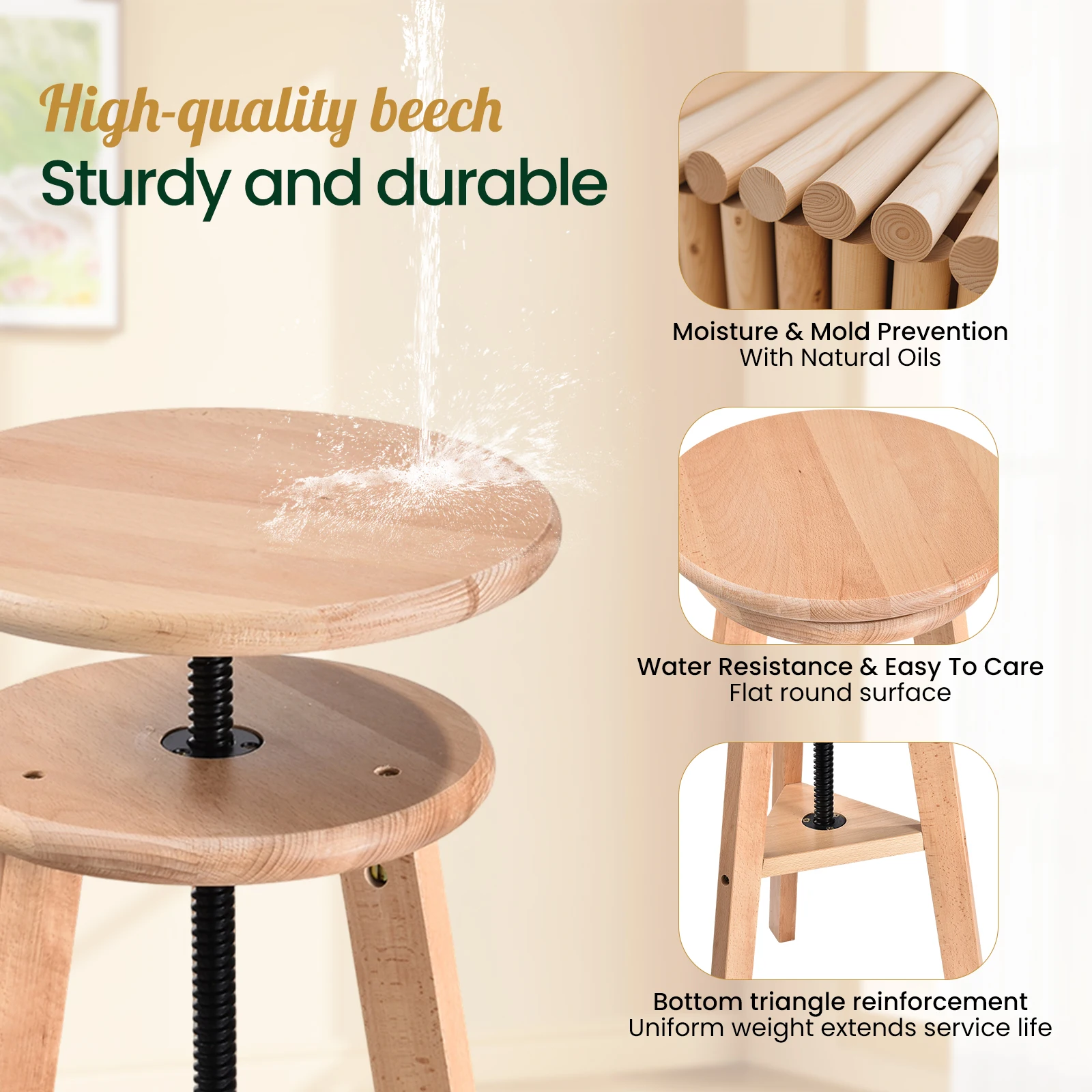 48-65 Cm Adjustable Wooden Artist Stool, Swivel Drafting Chair for Drawing Table & Studio Home Use