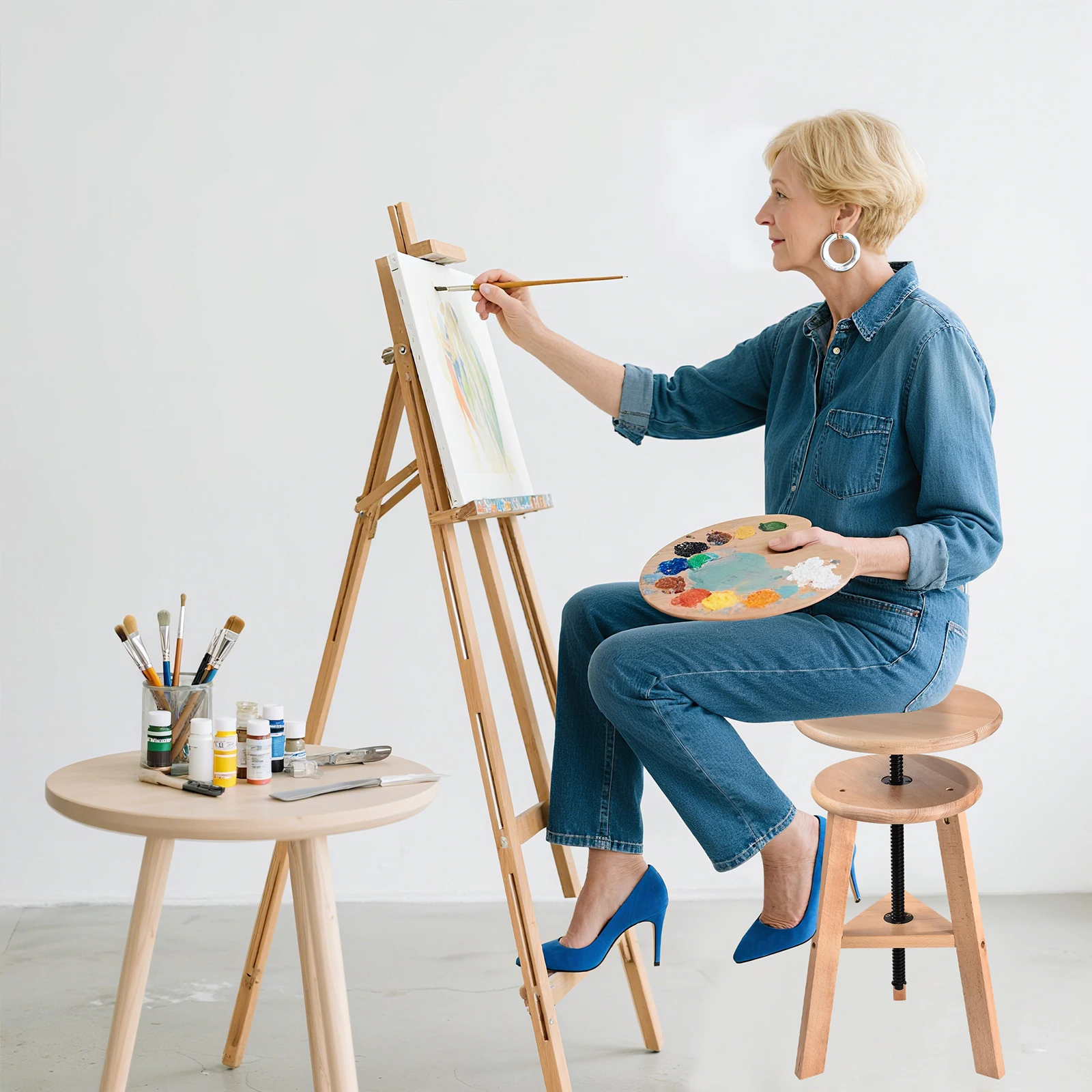48-65 Cm Adjustable Wooden Artist Stool, Swivel Drafting Chair for Drawing Table & Studio Home Use