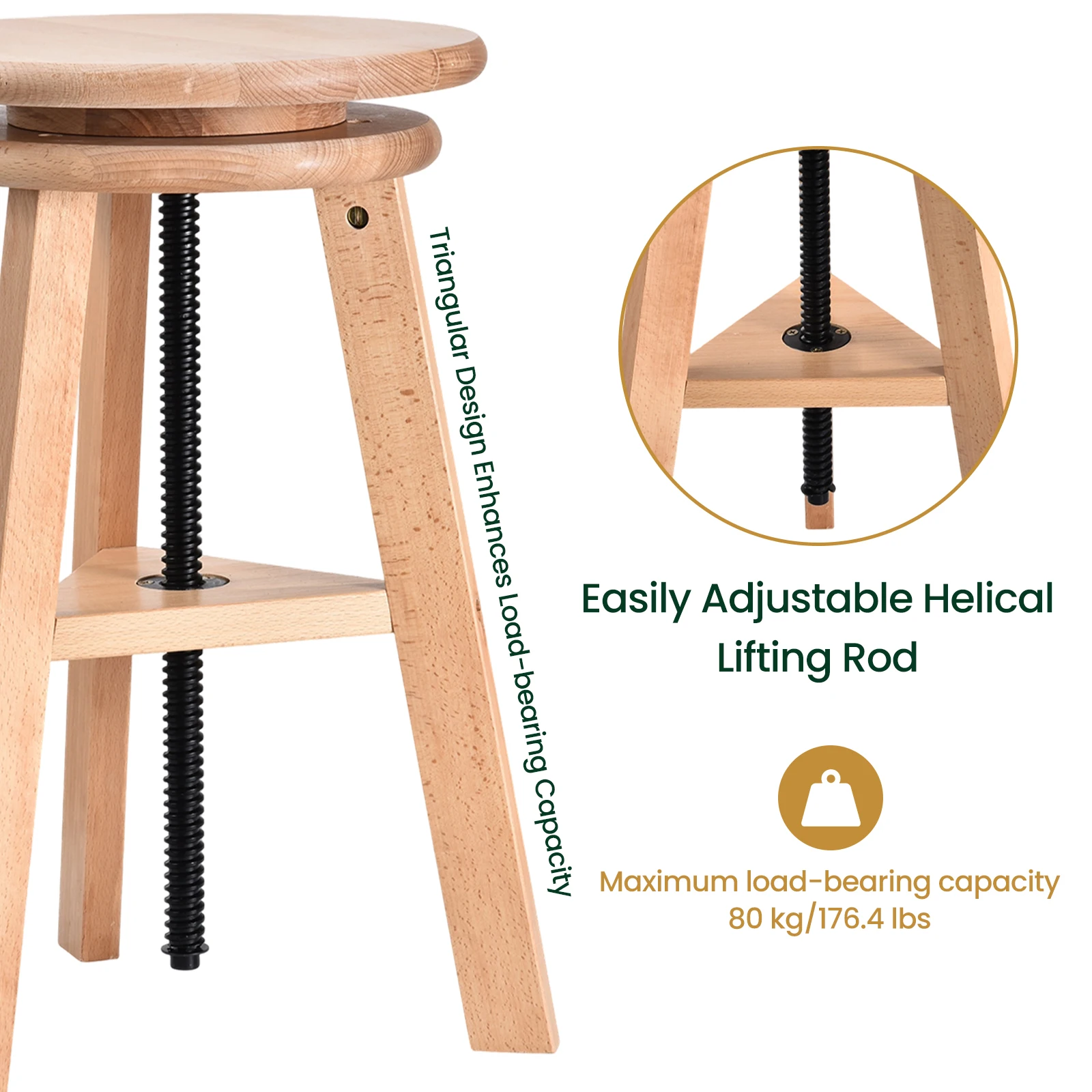 48-65 Cm Adjustable Wooden Artist Stool, Swivel Drafting Chair for Drawing Table & Studio Home Use
